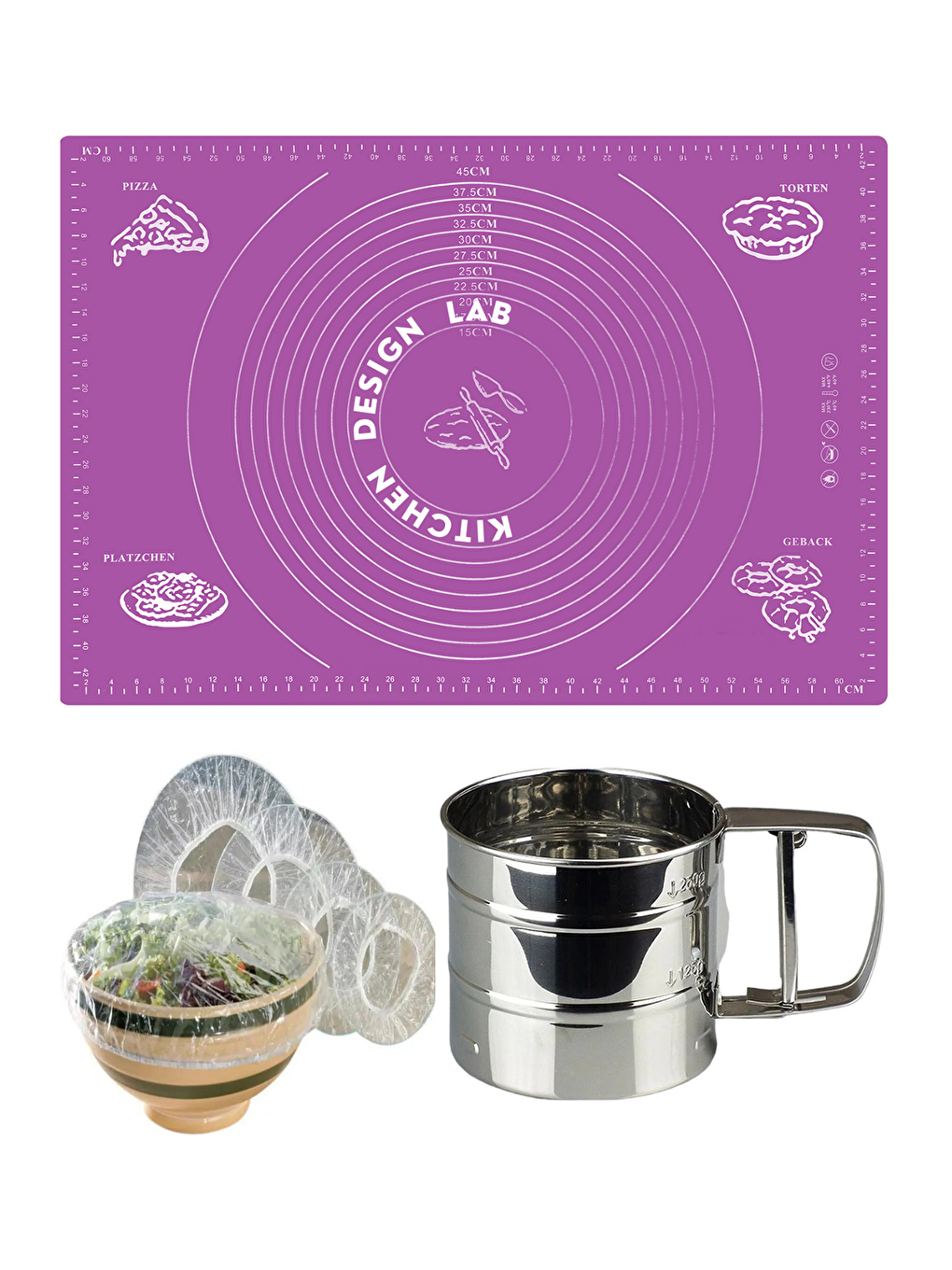 Gri Mor 45x65 cm Silikon Hamur Açma Matı Çelik Un Eleği ve Hamur Dinlendirme Poşeti 8'li