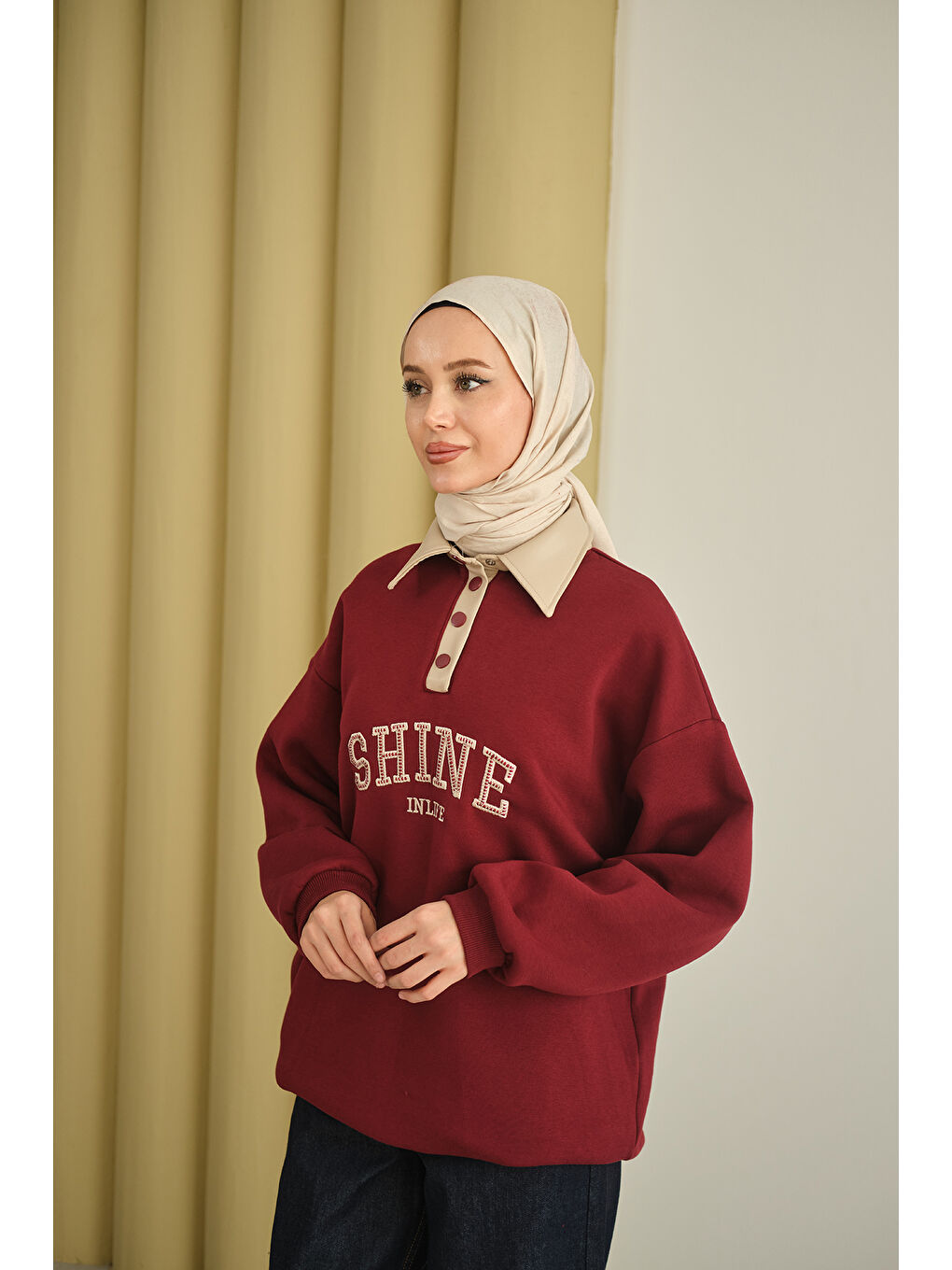 Kadın Deri Yaka Nakışlı Sweat Bordo-3