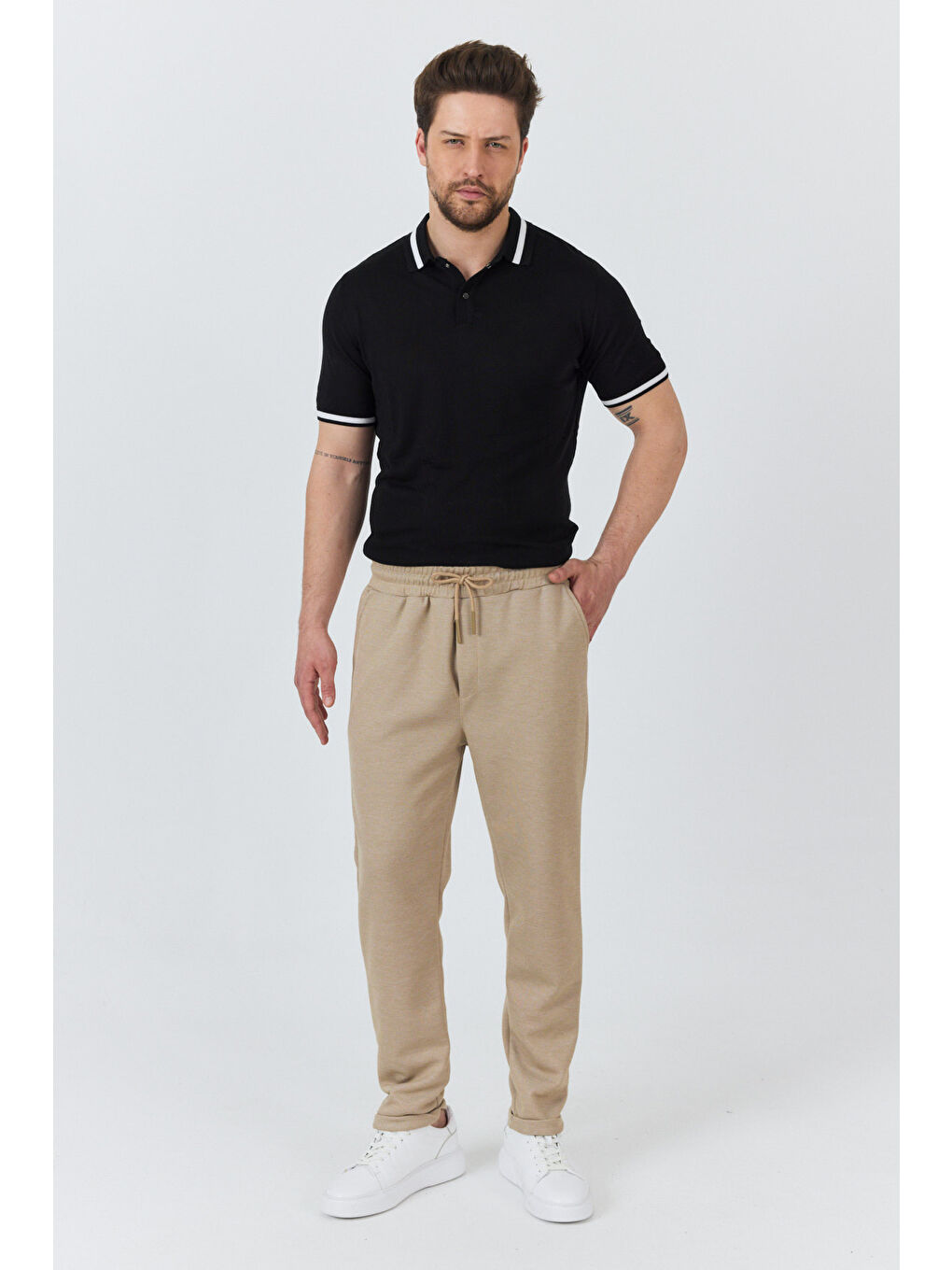 Bej Erkek Jogger Pantolon Rahat Kalıp Spor Günlük Jogger Pantolon 3520-1