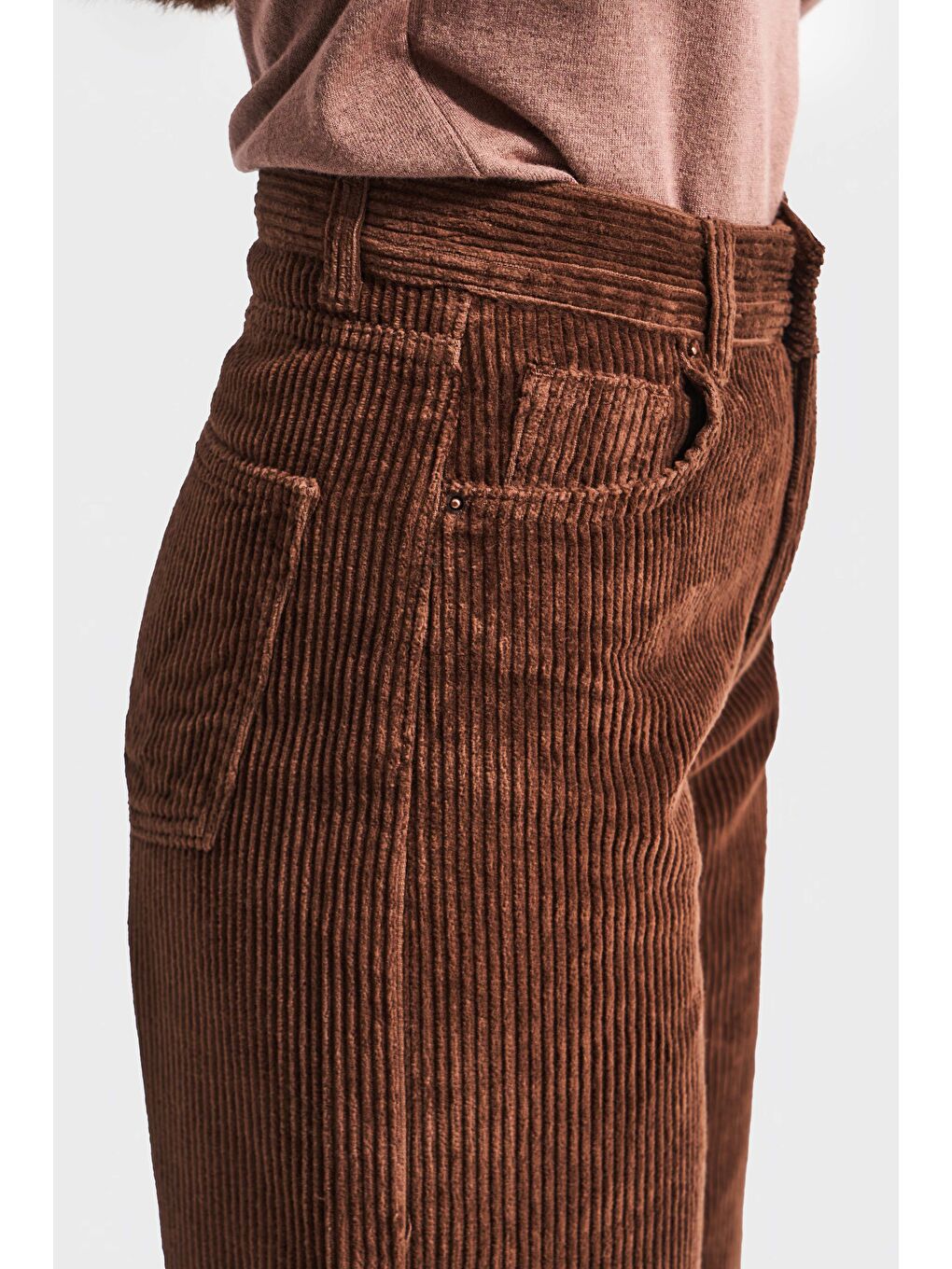 Kadın Kahverengi Doris 26w5-42 Straight Fit Yüksek Bel İç Boy 80cm Kalın Fitilli Kadife Velvet Kumaş-2