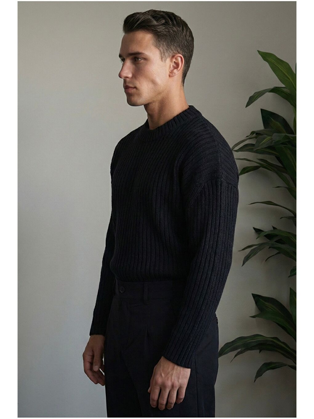 Siyah Erkek Fitilli Örme Regular Triko Kazak-1