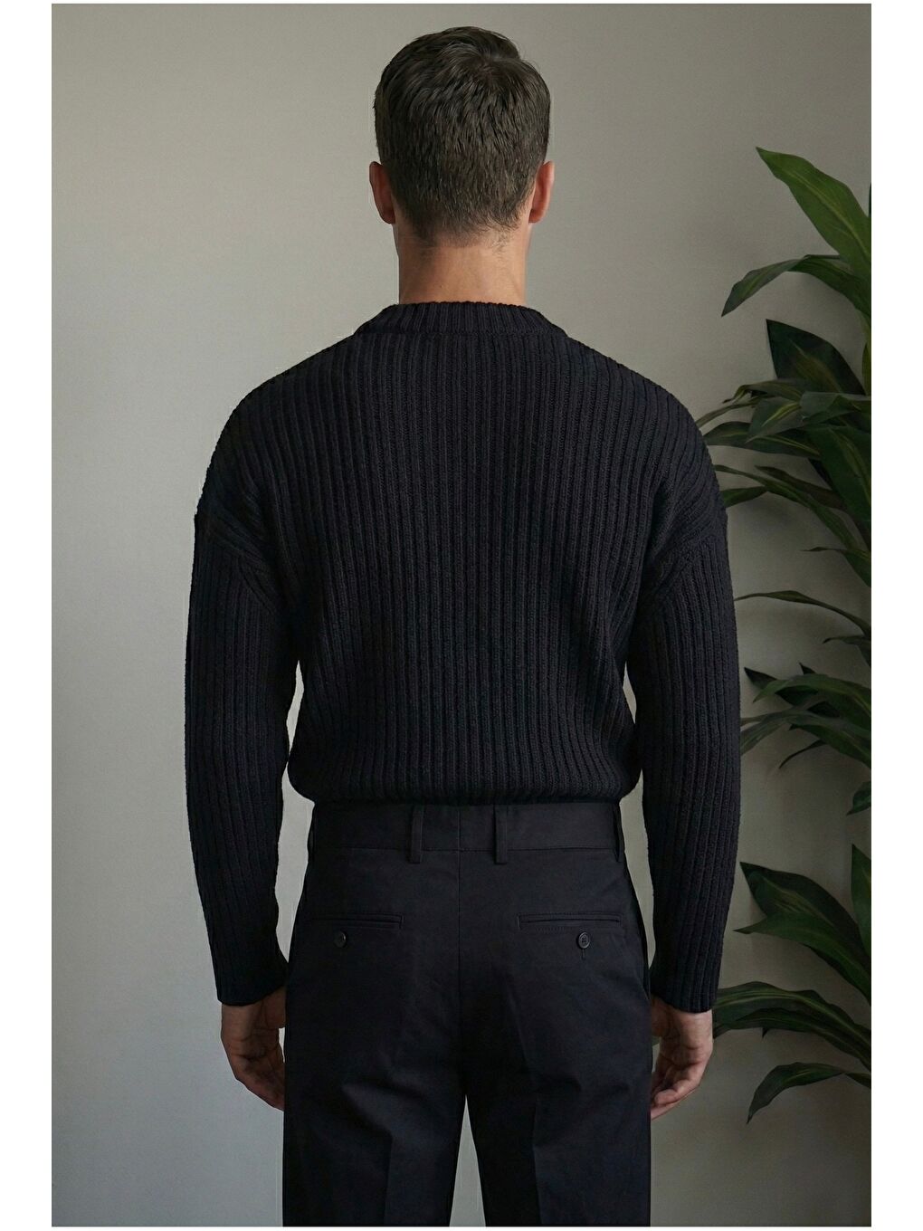 Siyah Erkek Fitilli Örme Regular Triko Kazak-2