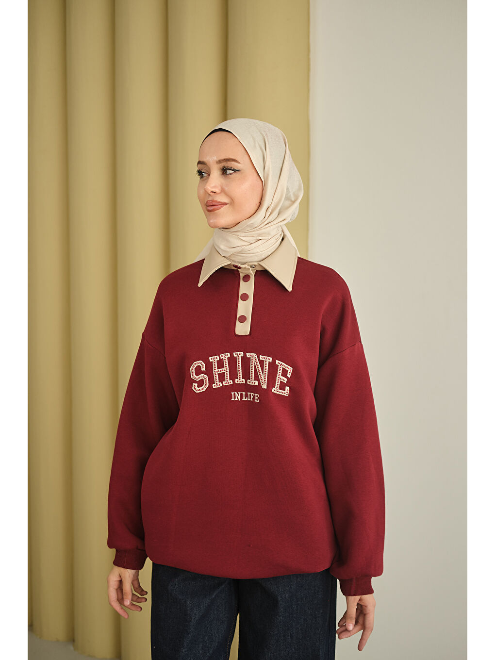 Kadın Deri Yaka Nakışlı Sweat Bordo-4