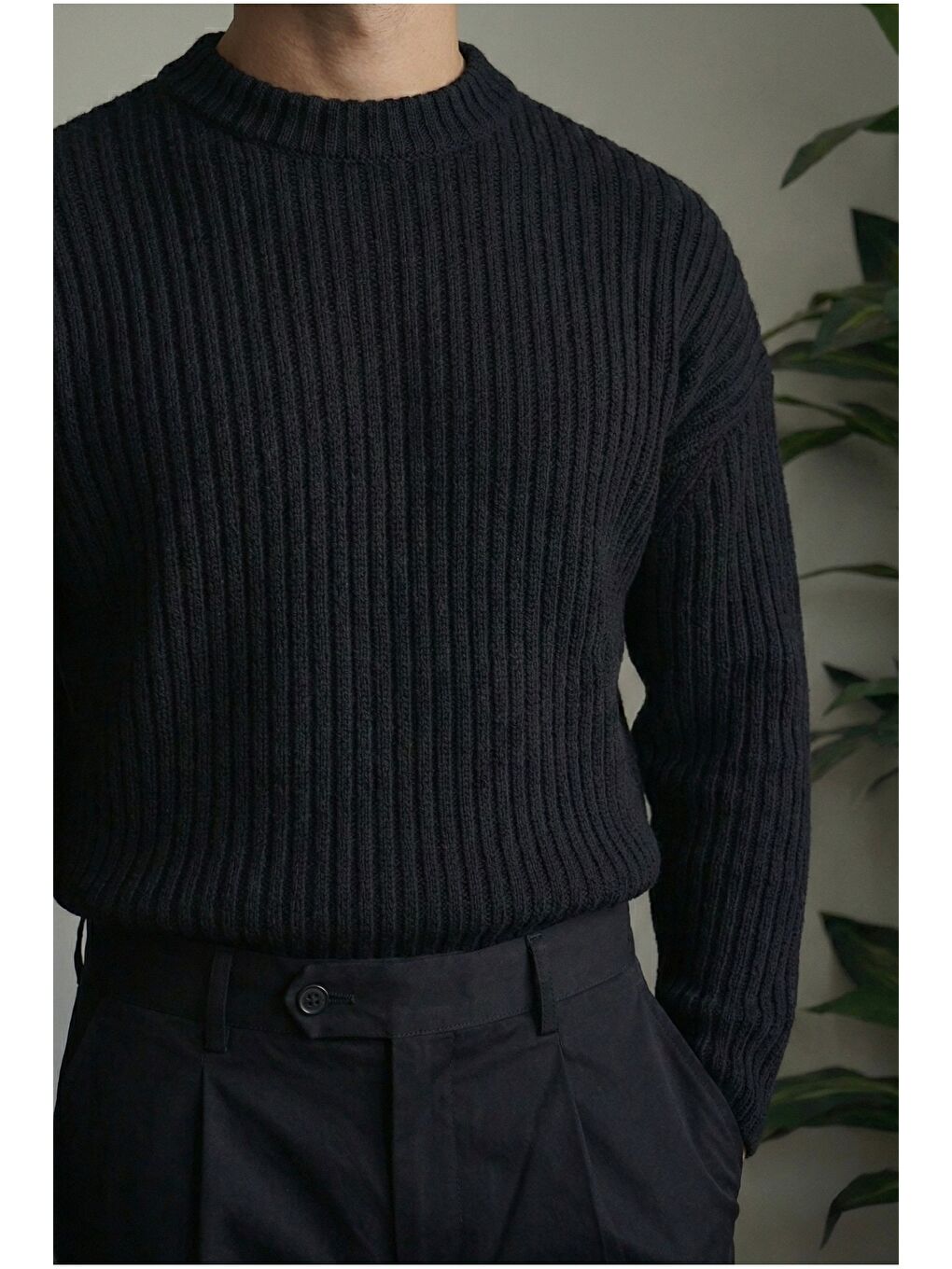 Siyah Erkek Fitilli Örme Regular Triko Kazak-3