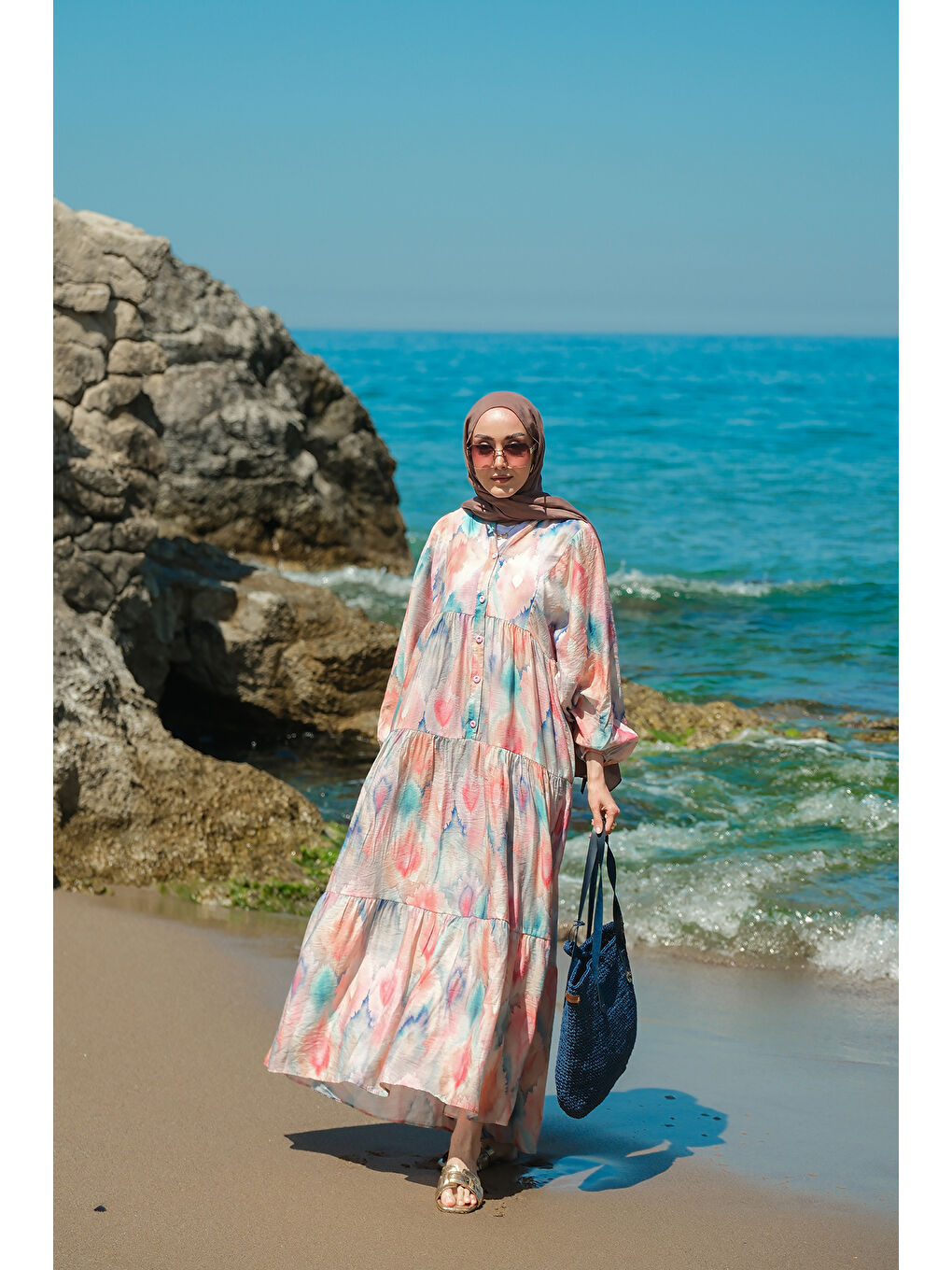 Pembe Kadın Pastel Esinti Desenli Elbise Somon