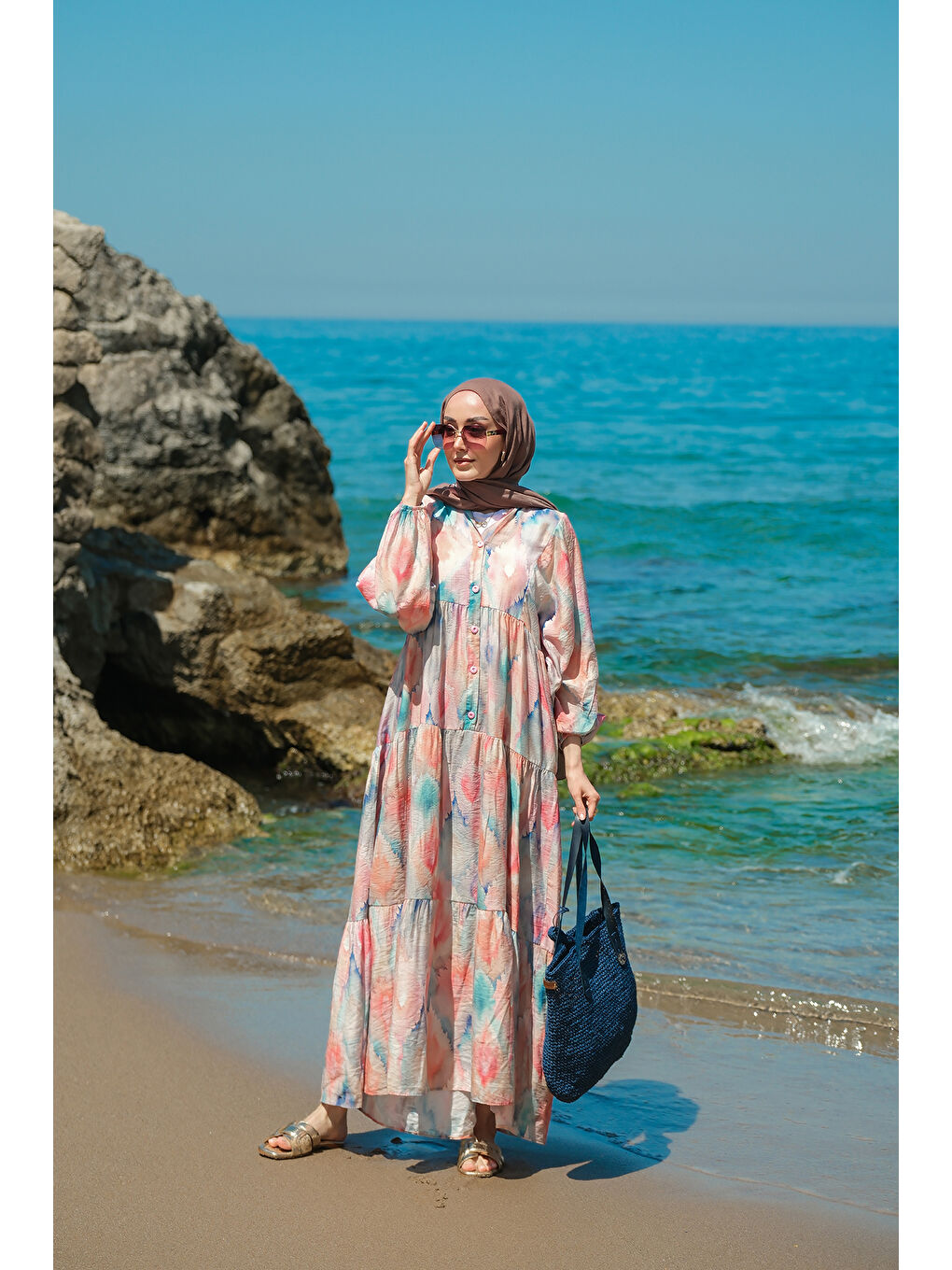 Pembe Kadın Pastel Esinti Desenli Elbise Somon-1