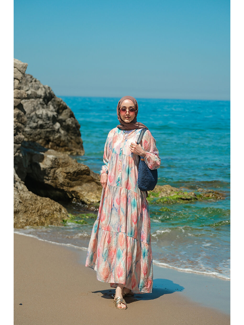 Pembe Kadın Pastel Esinti Desenli Elbise Somon-2