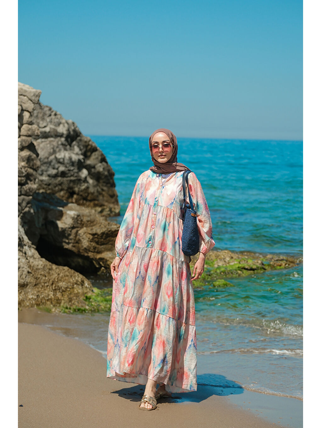 Pembe Kadın Pastel Esinti Desenli Elbise Somon-3