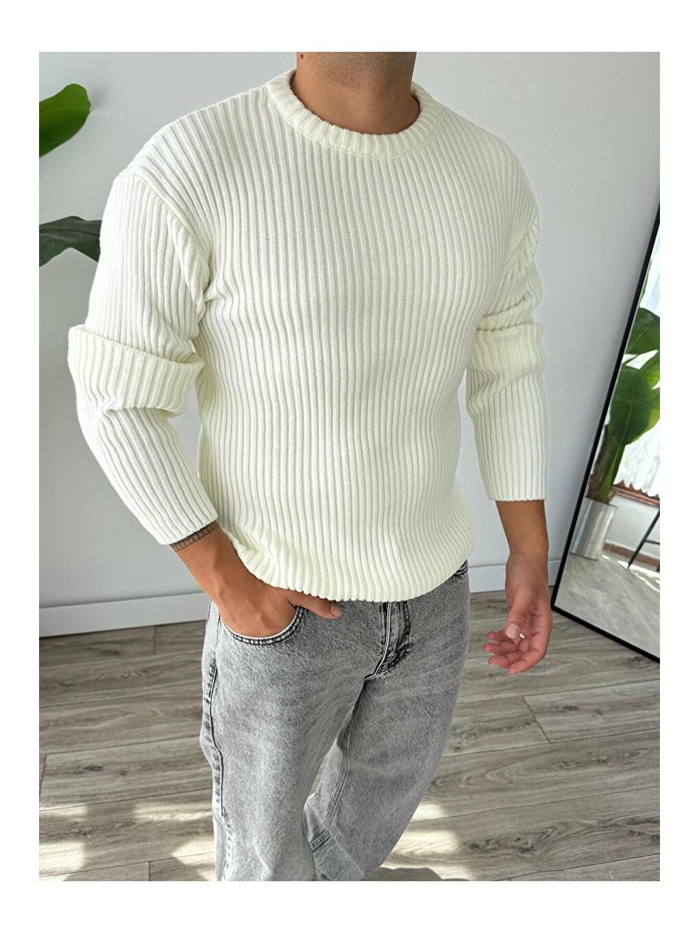 Ekru Erkek Fitilli Örme Regular Triko Kazak