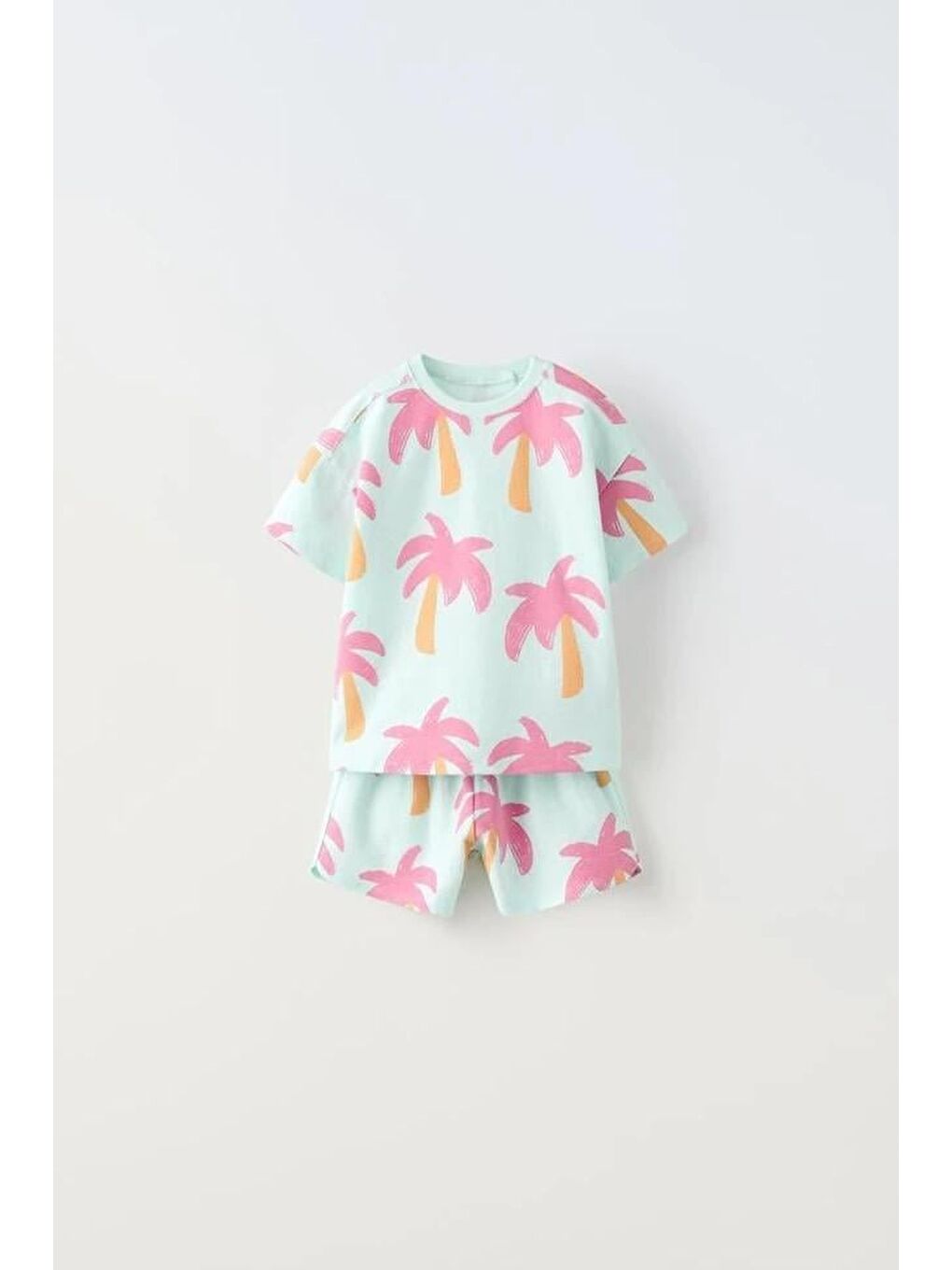 Karışık Unisex Çocuk Pamuklu Mint Palmiye Desenli T-Shirt Ve Şort Takım – Yazlık İki Parça Set