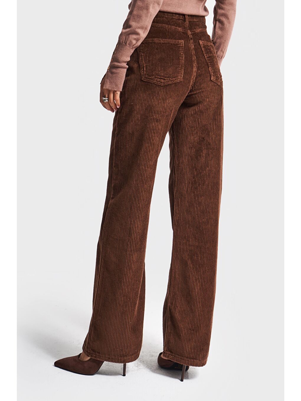 Kadın Kahverengi Doris 26w5-42 Straight Fit Yüksek Bel İç Boy 80cm Kalın Fitilli Kadife Velvet Kumaş-4