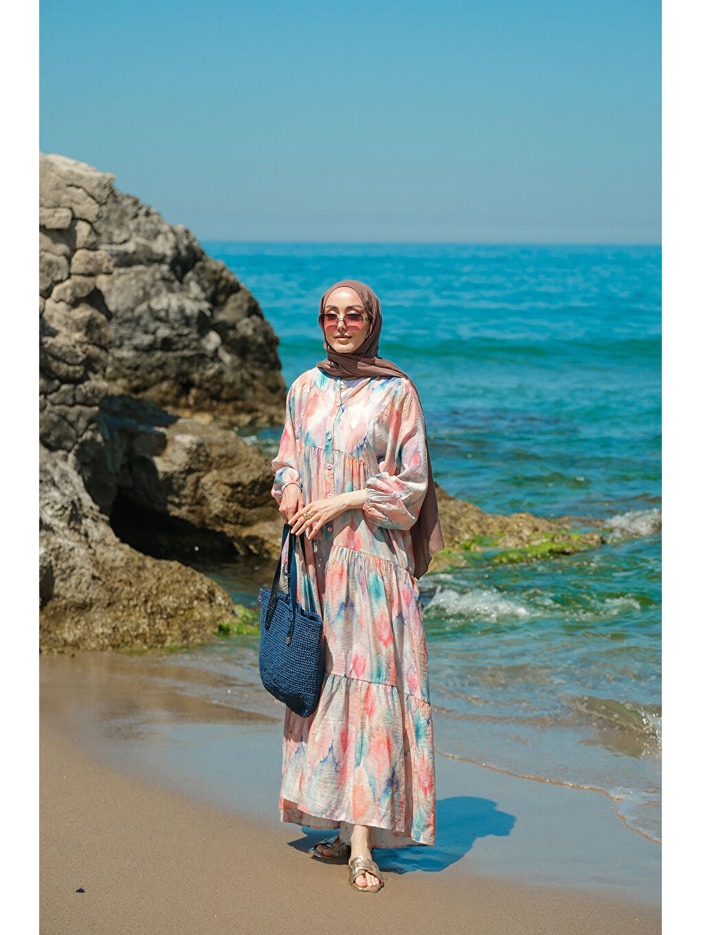 Pembe Kadın Pastel Esinti Desenli Elbise Somon-4