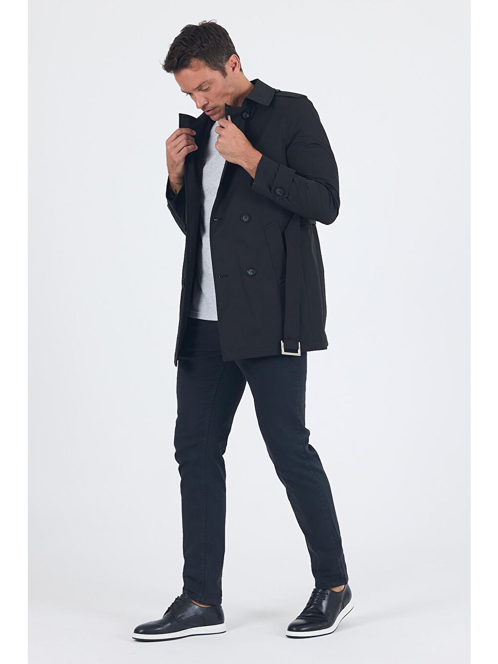 Siyah Mono Yaka Düz Classic Slim Fit Pardesü 1006250105-1