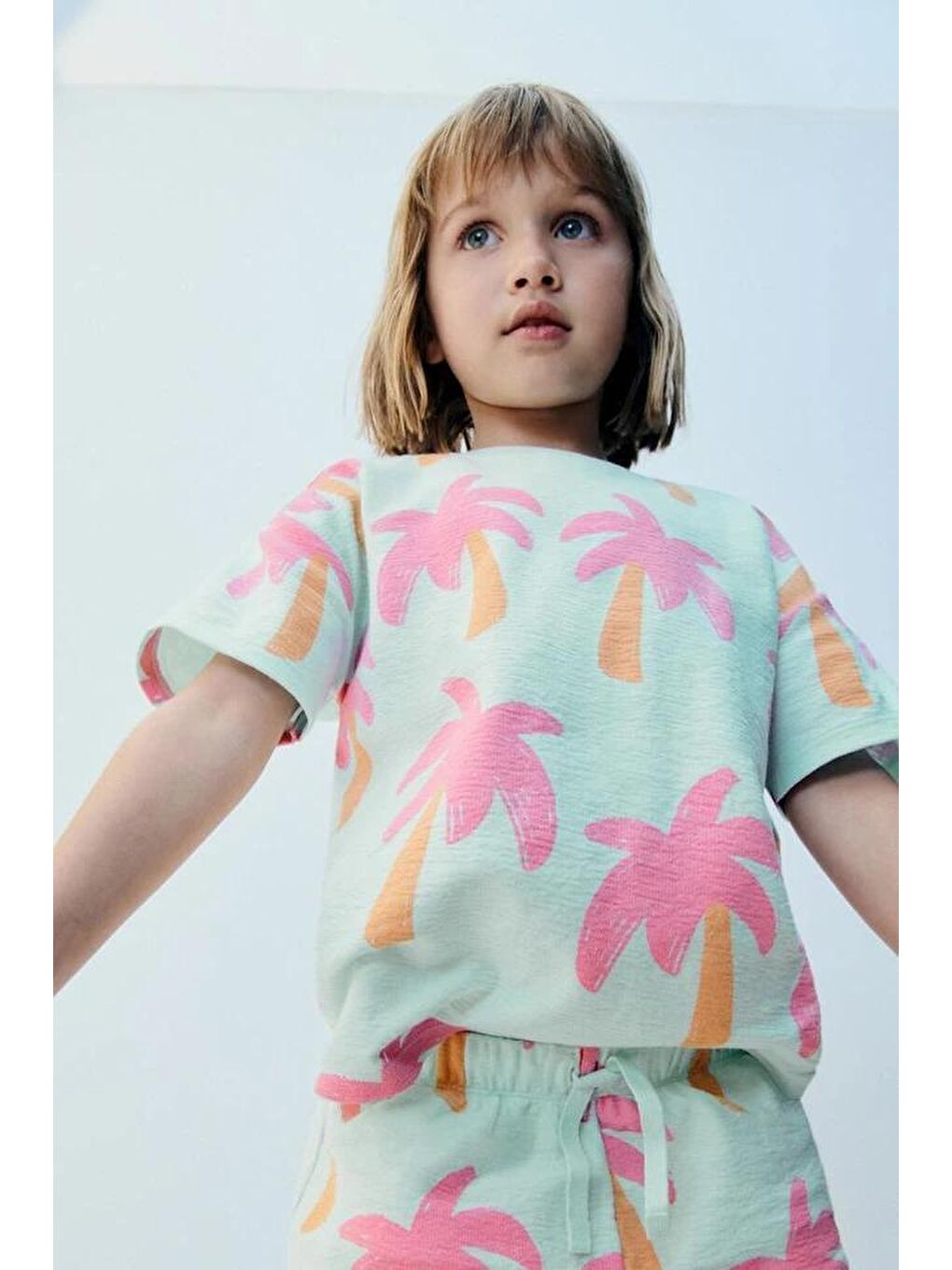 Karışık Unisex Çocuk Pamuklu Mint Palmiye Desenli T-Shirt Ve Şort Takım – Yazlık İki Parça Set-1