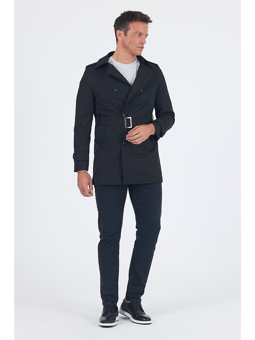 Siyah Mono Yaka Düz Classic Slim Fit Pardesü 1006250105