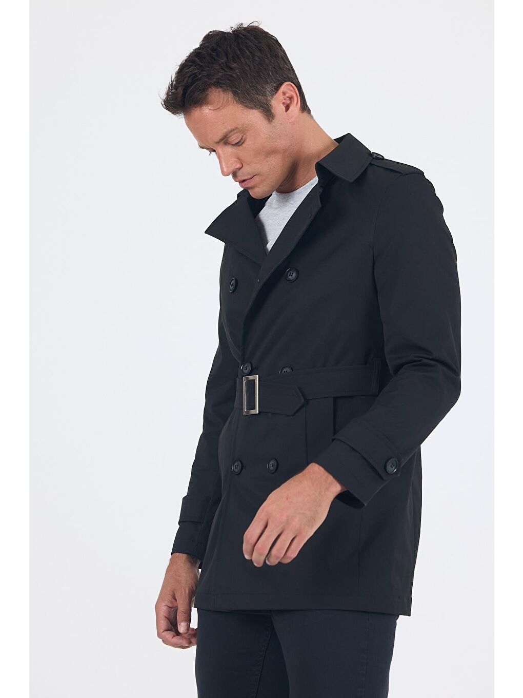 Siyah Mono Yaka Düz Classic Slim Fit Pardesü 1006250105-2