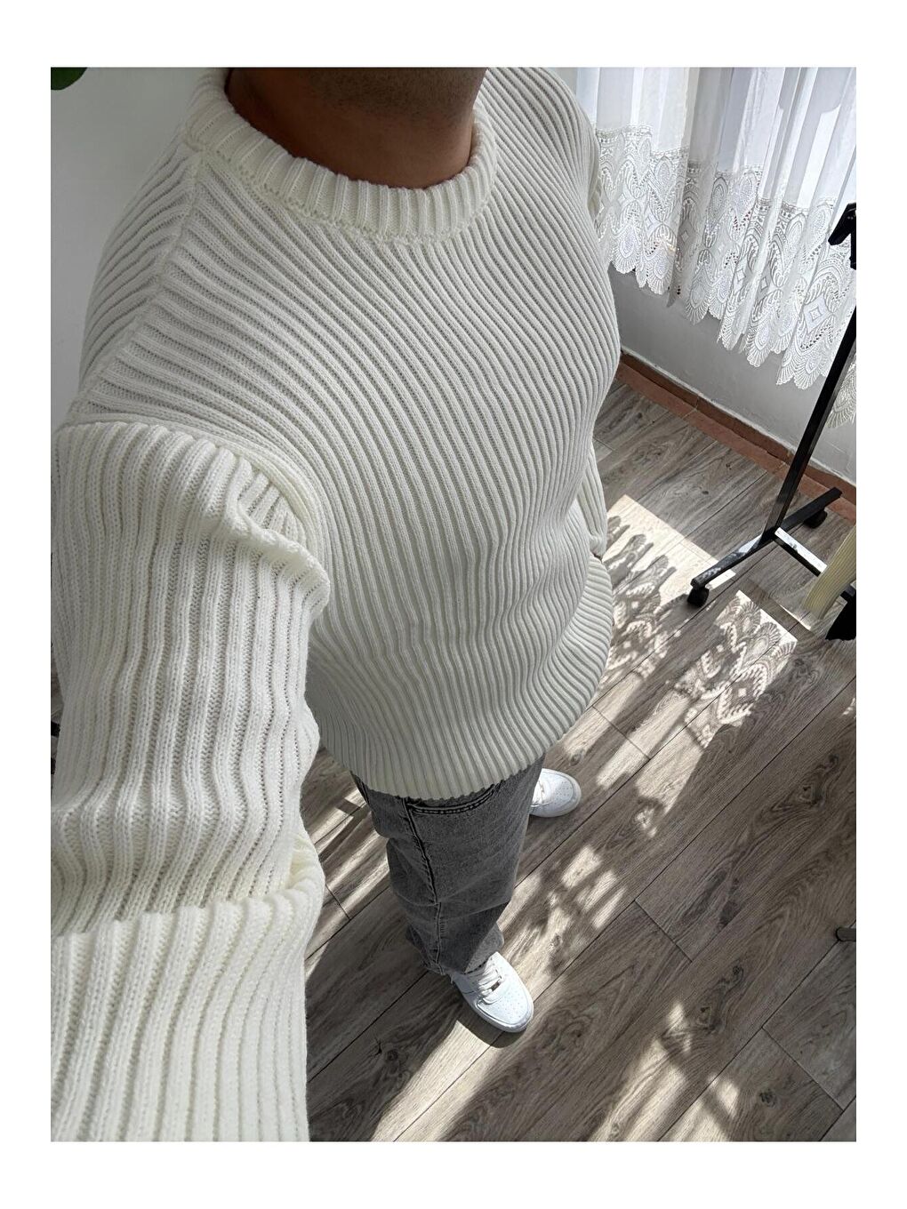 Ekru Erkek Fitilli Örme Regular Triko Kazak-1