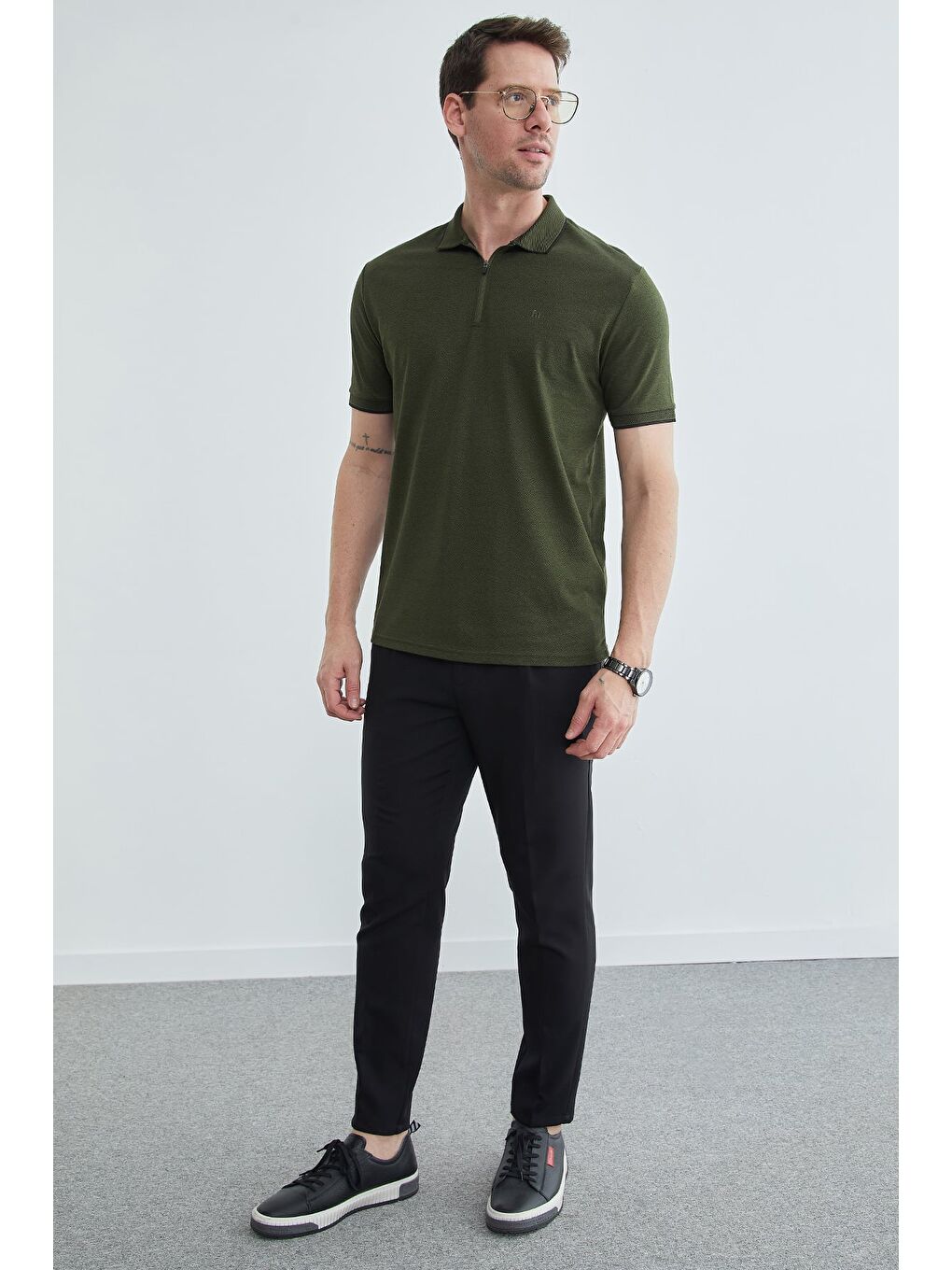 Haki Yarım Fermuarlı Polo Yaka Tişört-2