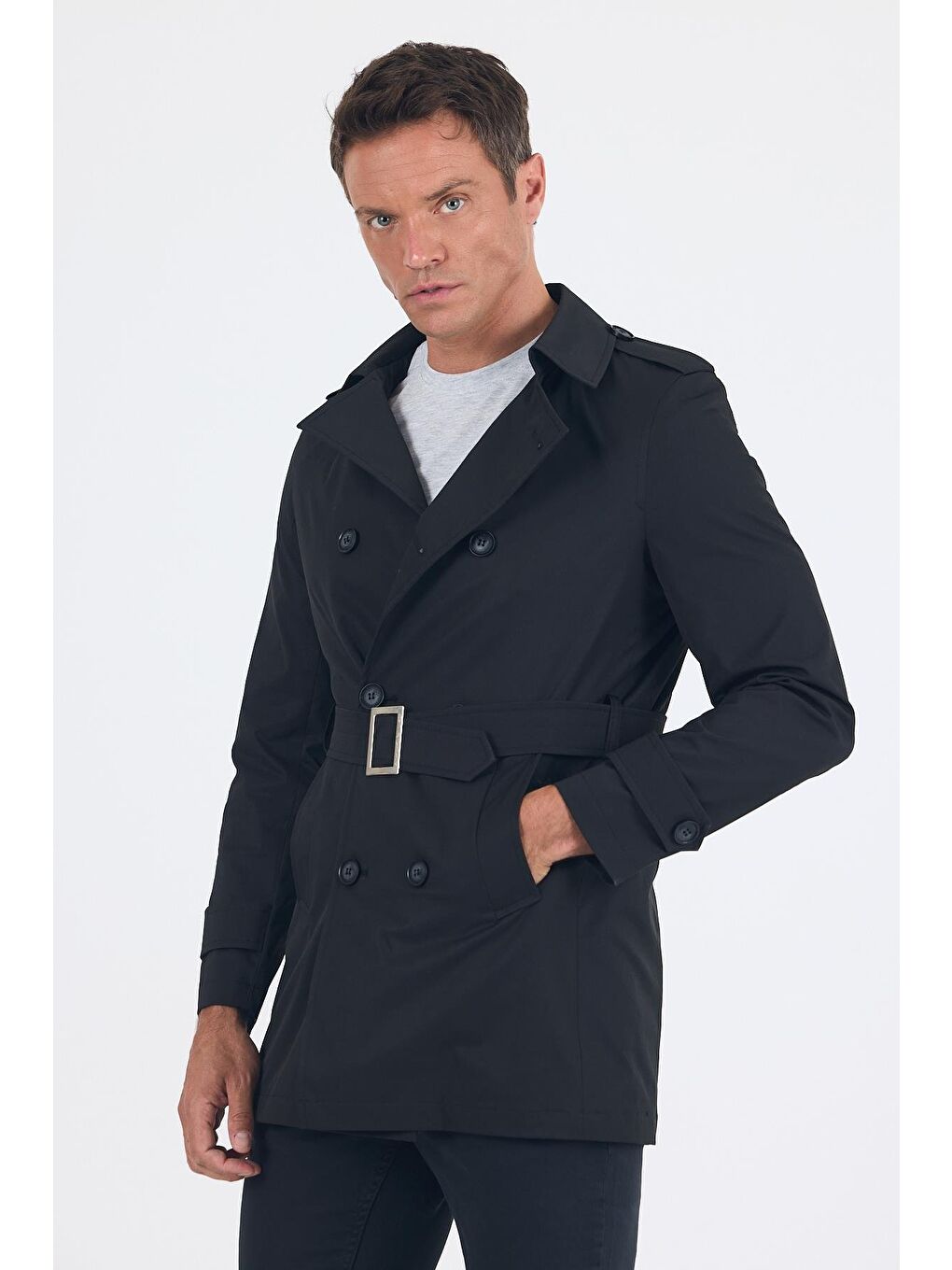 Siyah Mono Yaka Düz Classic Slim Fit Pardesü 1006250105-3