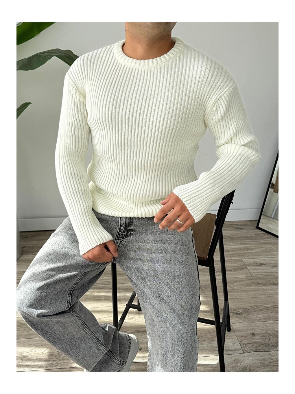 Ekru Erkek Fitilli Örme Regular Triko Kazak-2