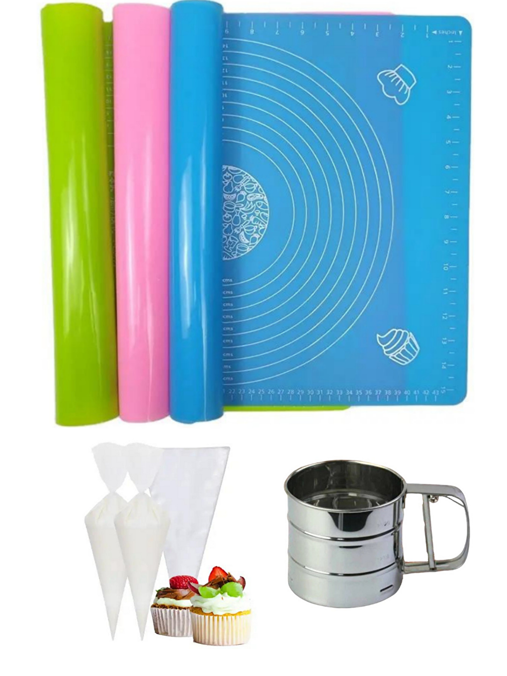 Gri Hamur Açma Matı 45 cm x 65 cm Çelik Un Eleği ve Kullan At Krema Torbası 50'li