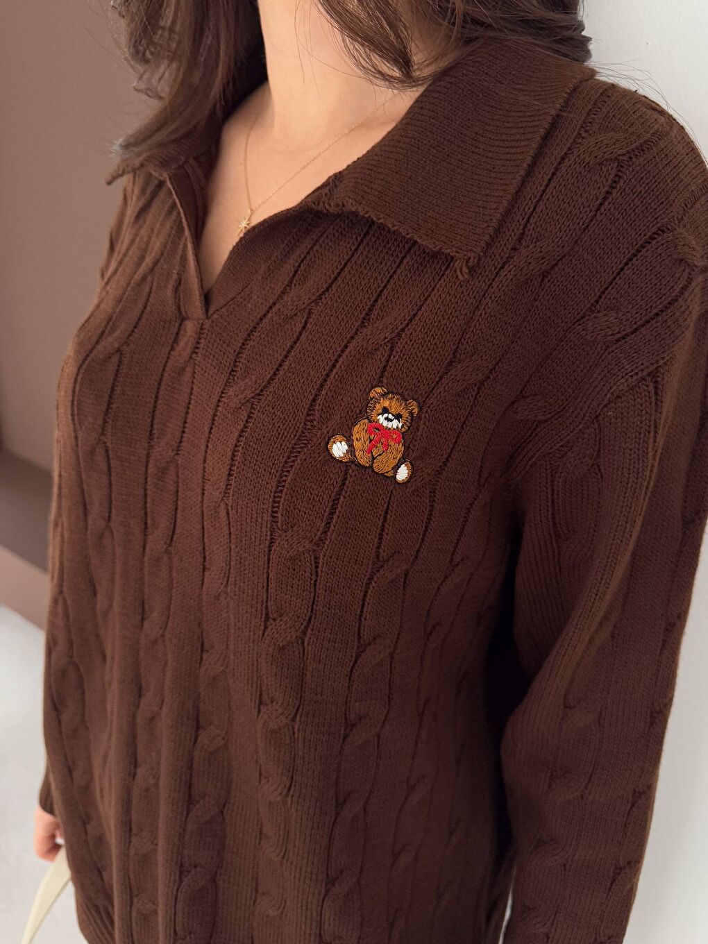 Kahverengi Kadın Polo Yaka Ayıcık Nakışlı Saç Örgü Dokulu Triko Takım-1