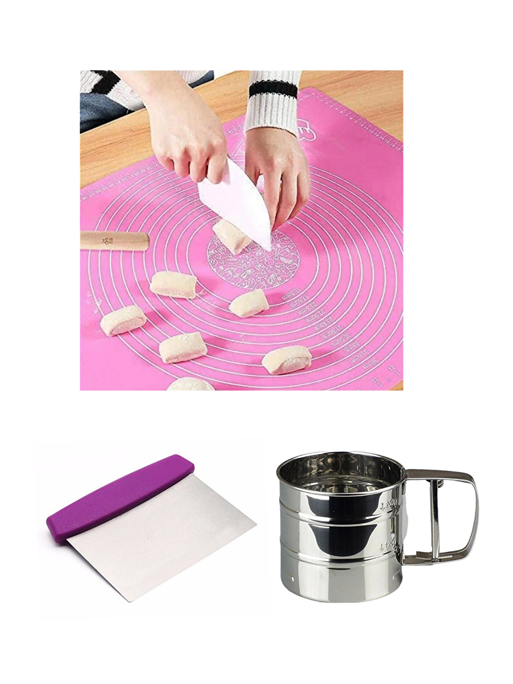 Gri Silikon Ölçülü  Hamur Açma Matı 45 cm x 65 cm Çelik Un Eleği ve Çelik Hamur Kesici