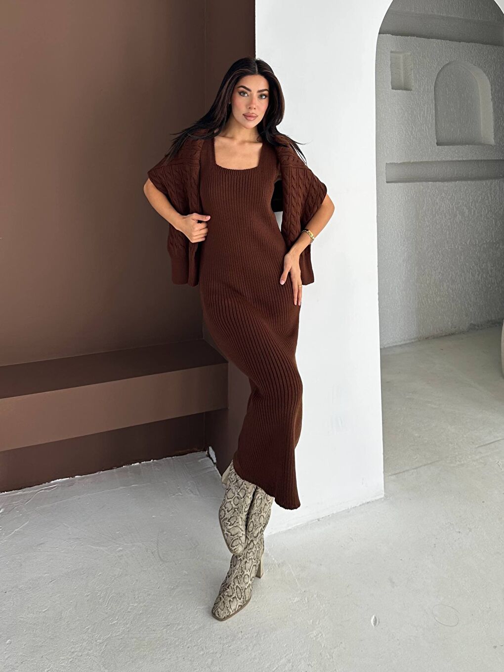 Kahverengi Kadın Kare Yaka Saç Örgü Kazak Elbise Takım-1