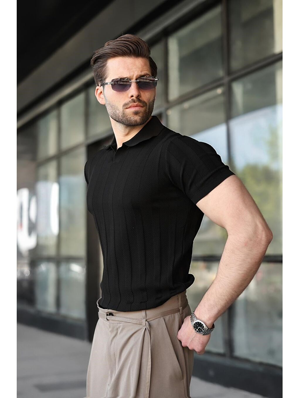 Siyah Slim Fit Polo Yaka Triko Erkek Tişört E7491