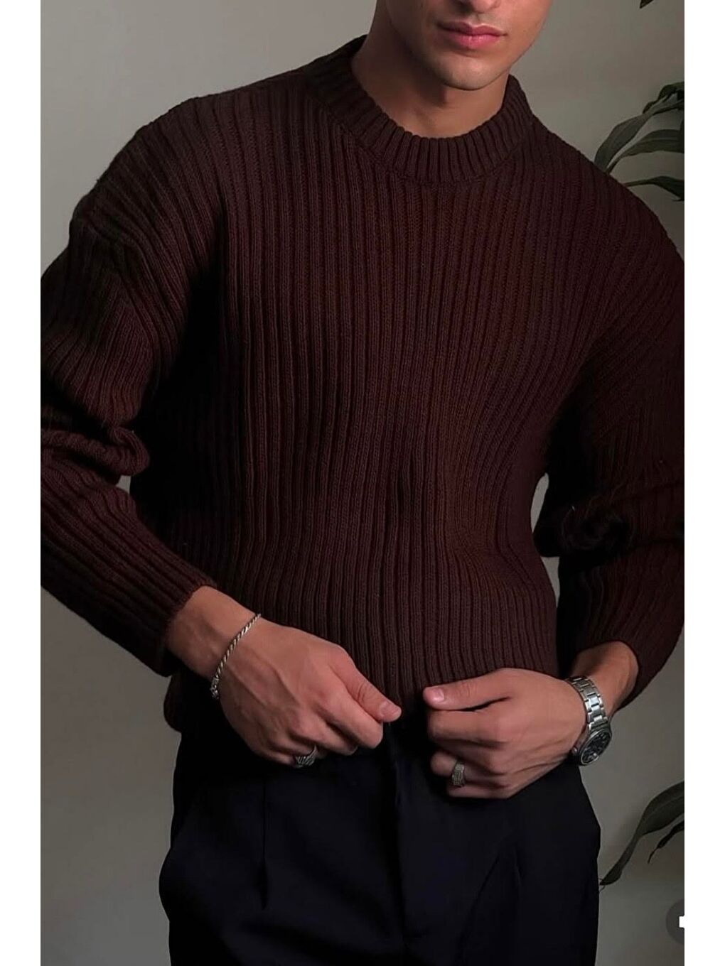 Kahverengi Erkek Fitilli Örme Regular Triko Kazak