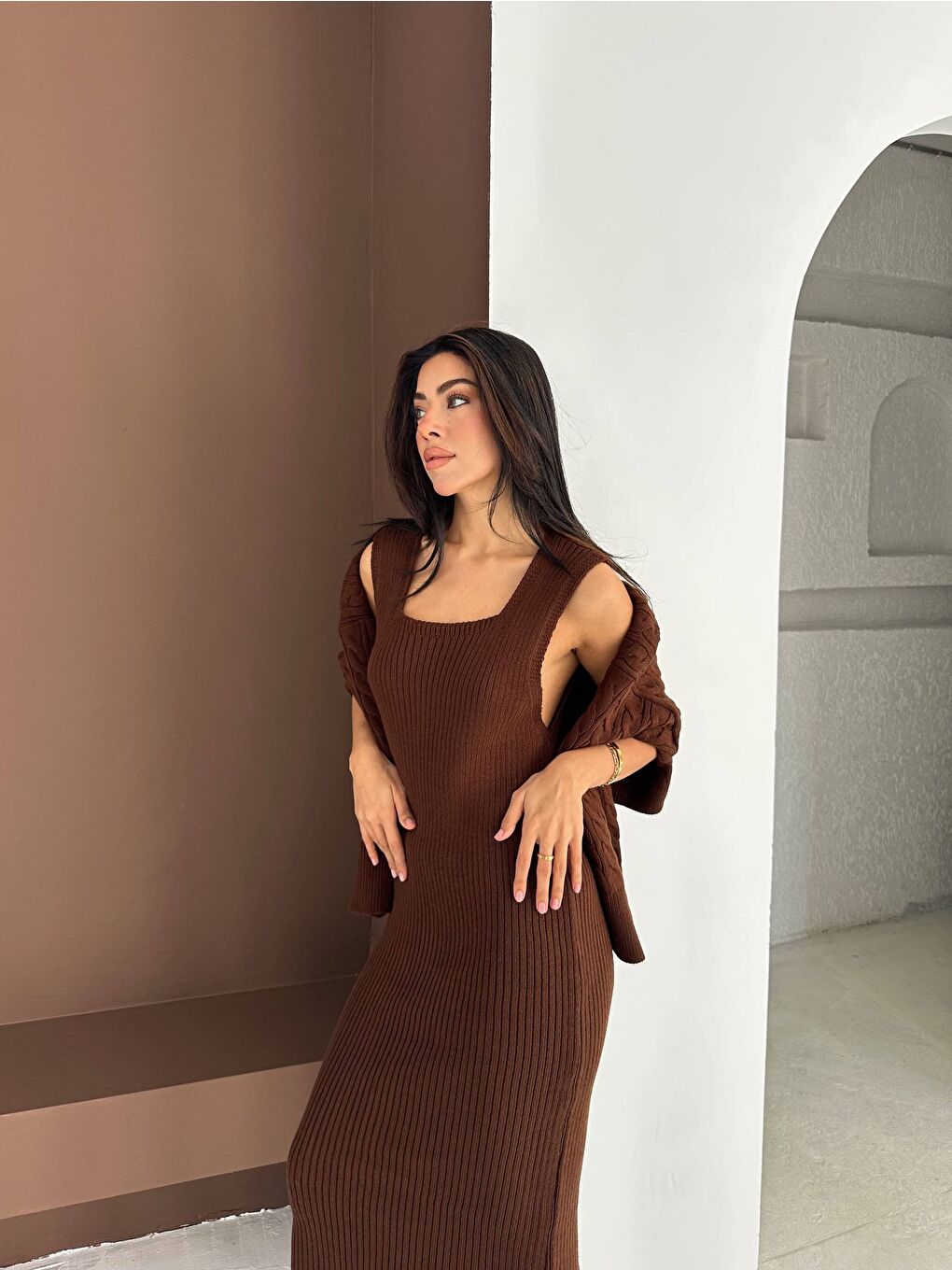 Kahverengi Kadın Kare Yaka Saç Örgü Kazak Elbise Takım-2