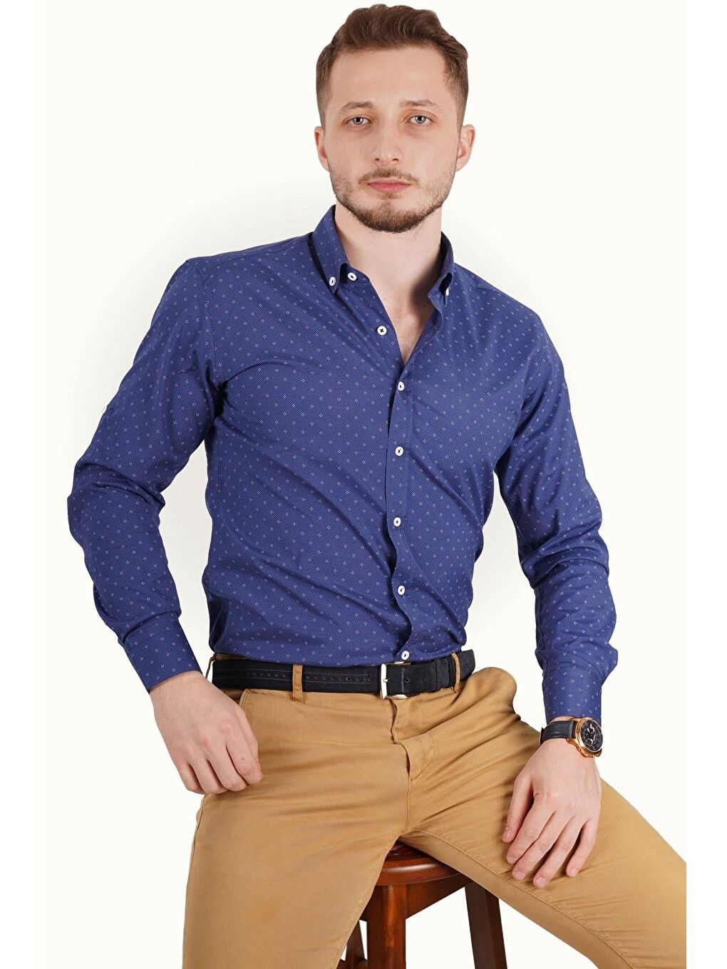 Lacivert Nokta Baskılı Slimfit Erkek Gömlek