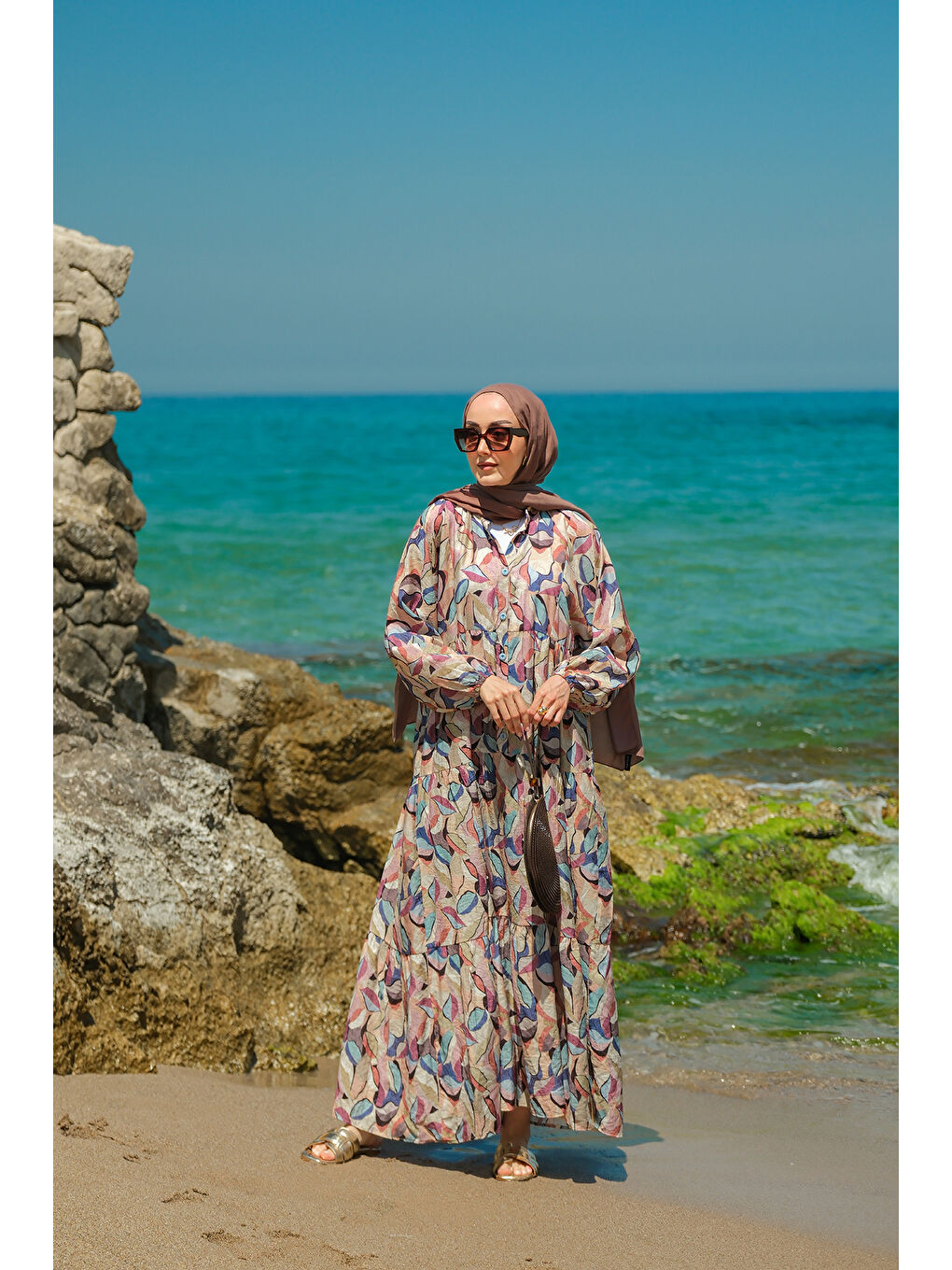 Kadın Soft Botanika Desen Elbise Mavi