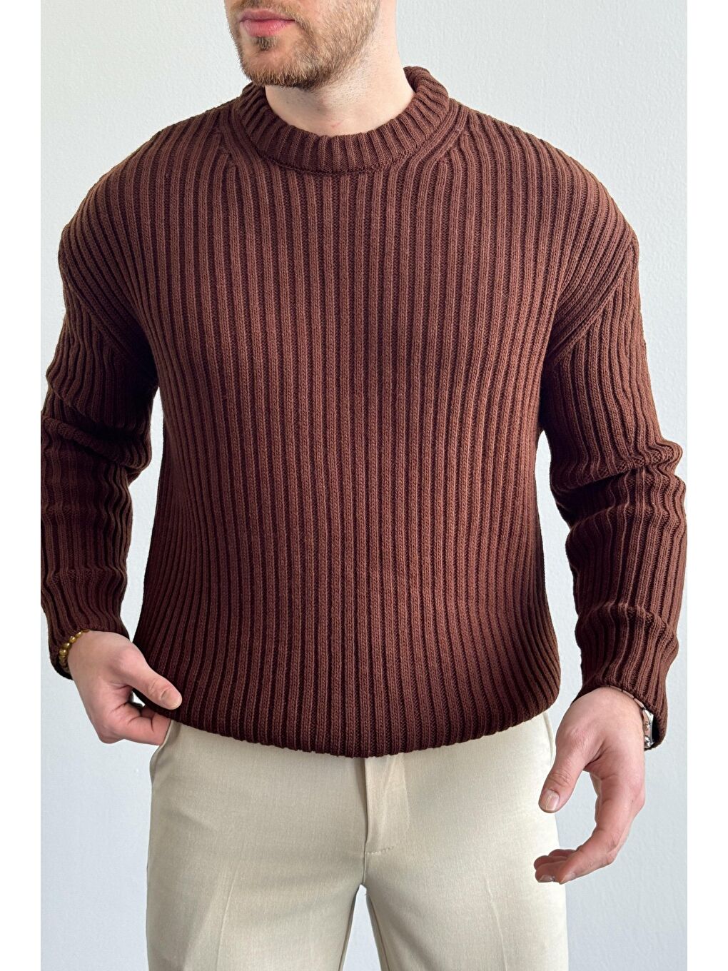 Kahverengi Erkek Fitilli Örme Regular Triko Kazak-1