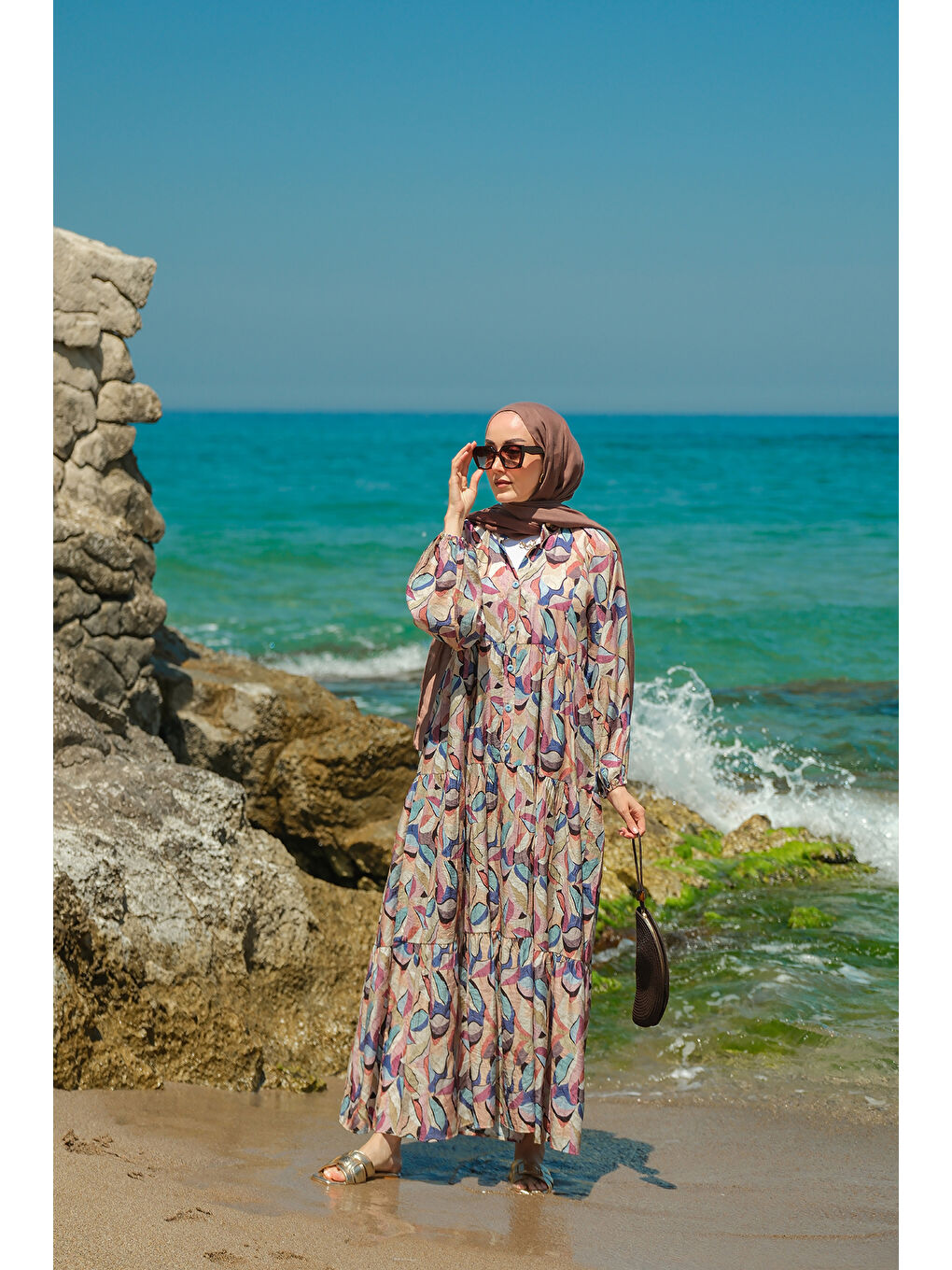 Kadın Soft Botanika Desen Elbise Mavi-1