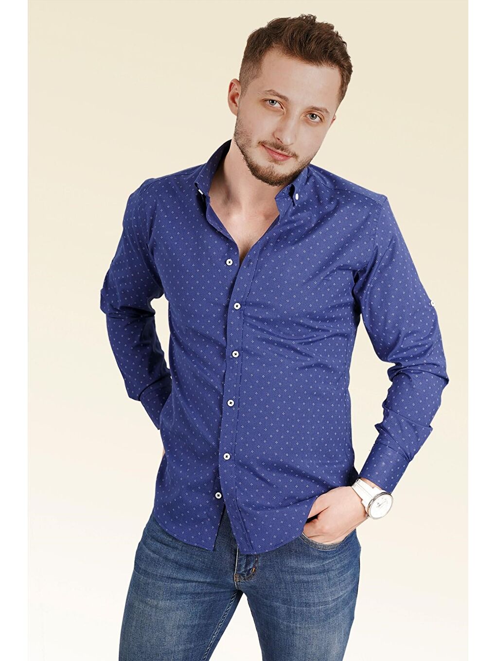 Lacivert Nokta Baskılı Slimfit Erkek Gömlek-2