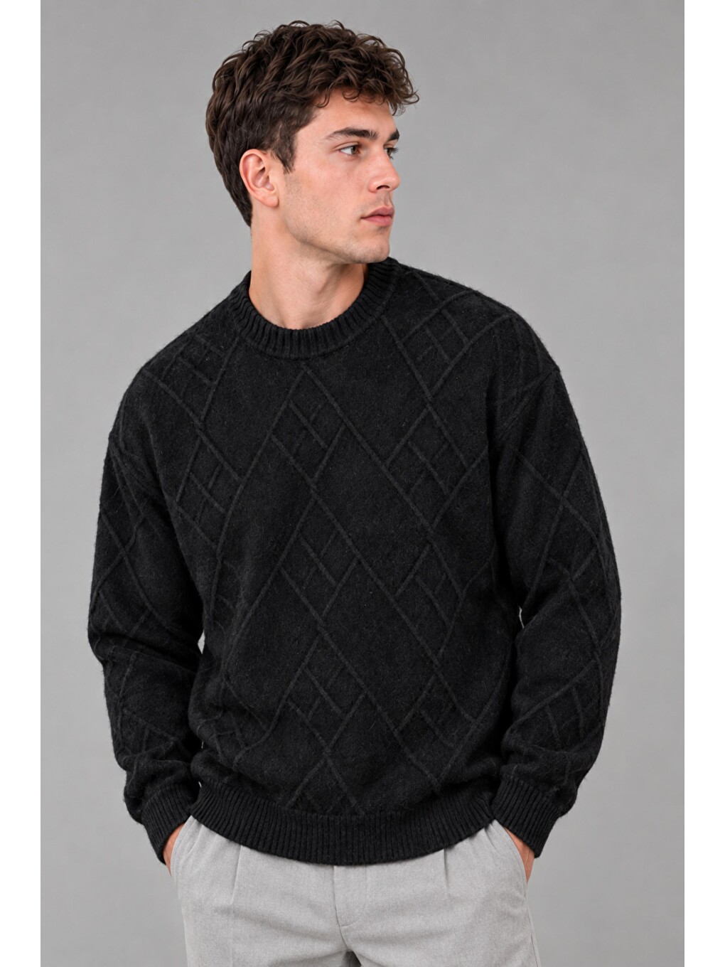 Siyah Çapraz Desen Oversize Kışlık Kazak Dp 17567_10066