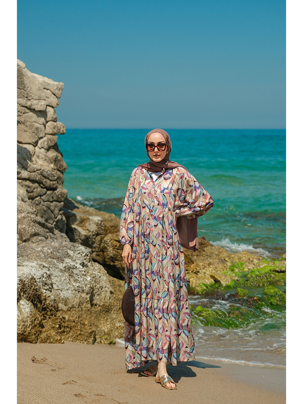 Kadın Soft Botanika Desen Elbise Mavi-2