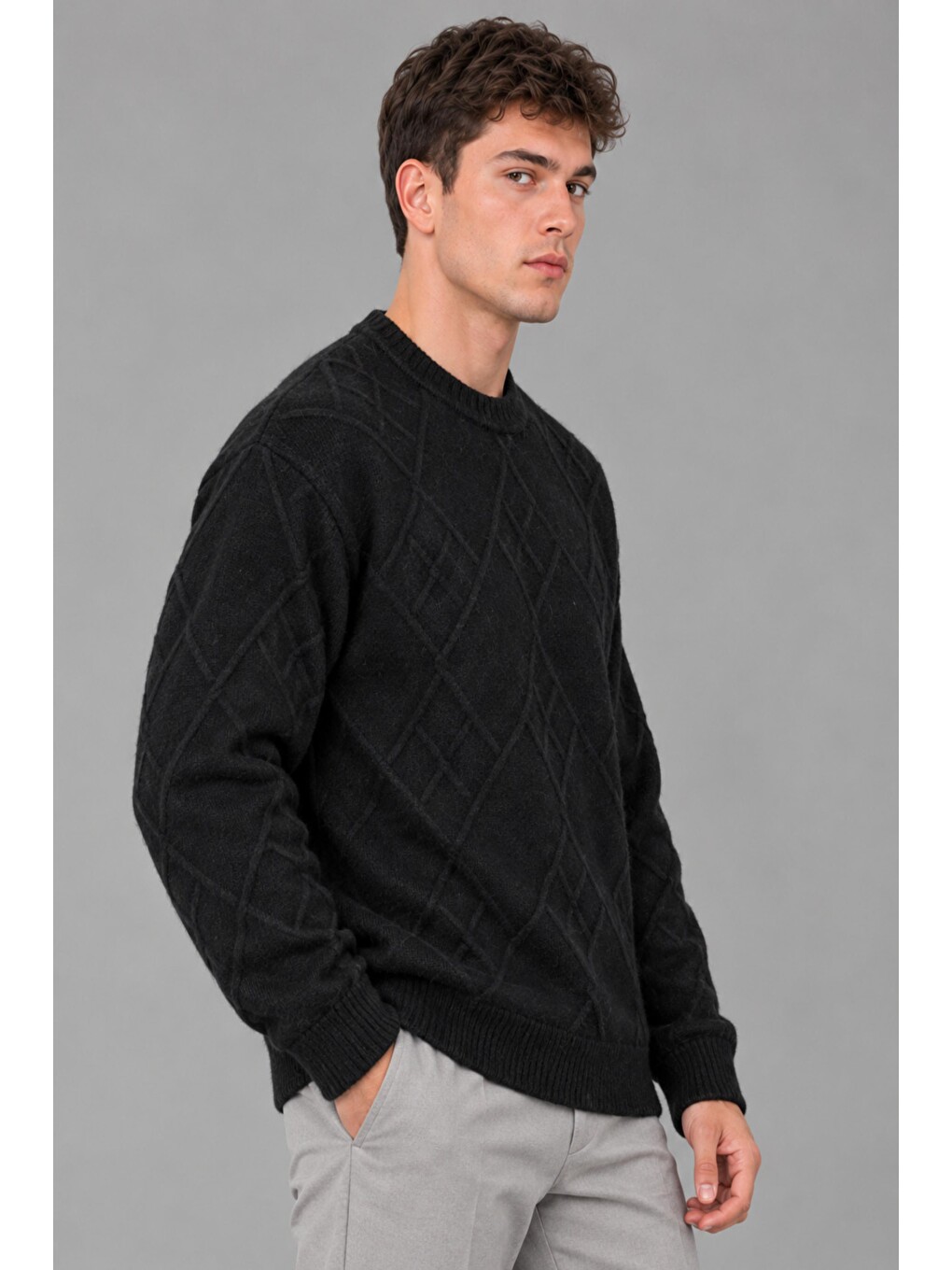 Siyah Çapraz Desen Oversize Kışlık Kazak Dp 17567_10066-1