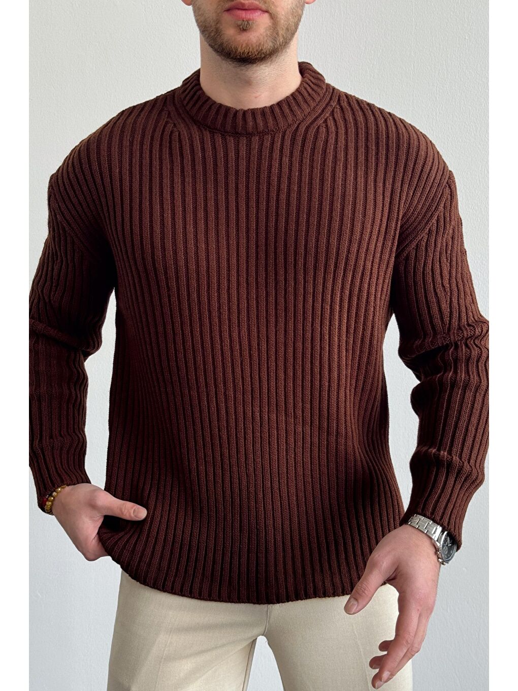 Kahverengi Erkek Fitilli Örme Regular Triko Kazak-2