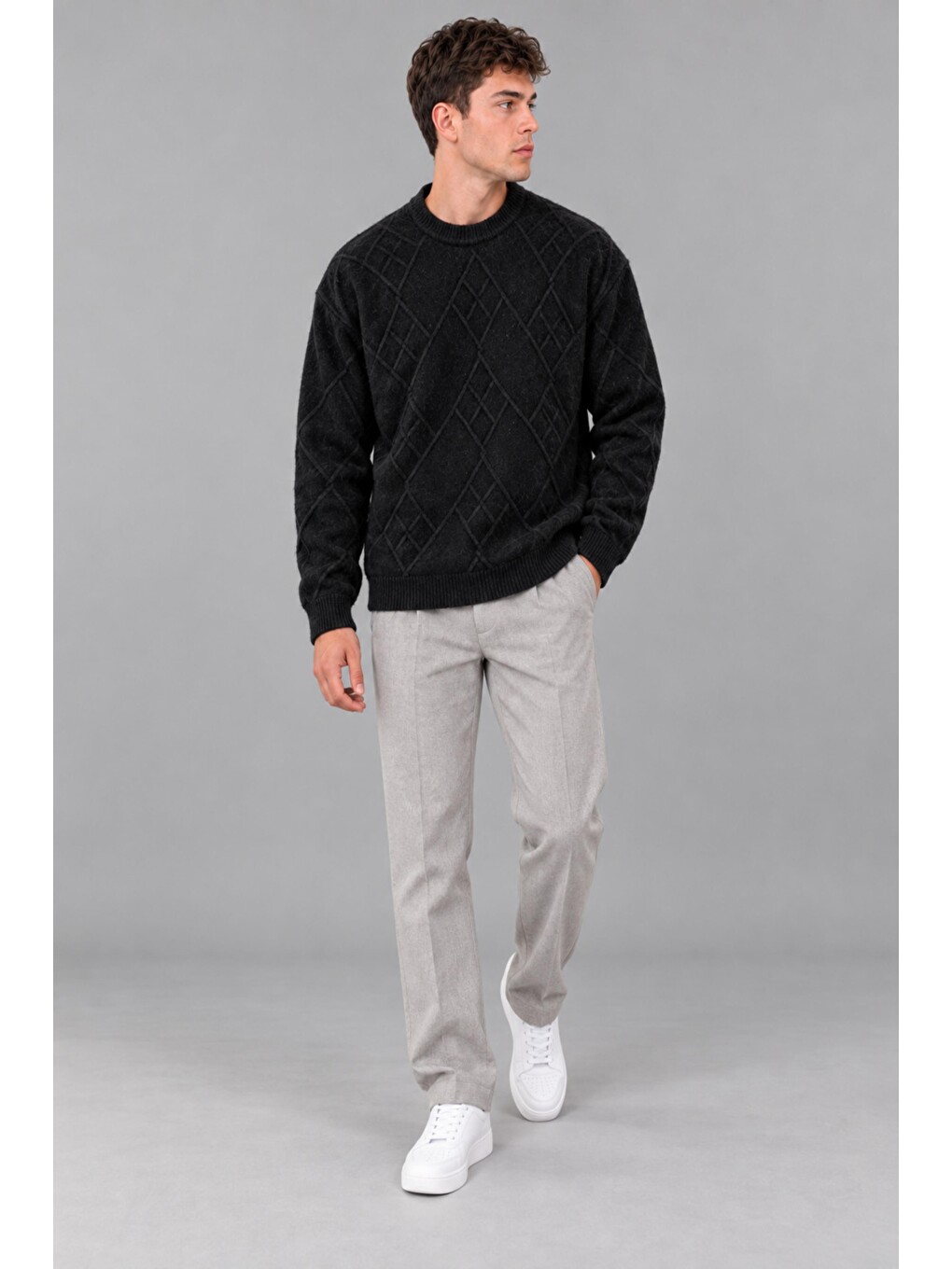 Siyah Çapraz Desen Oversize Kışlık Kazak Dp 17567_10066-2