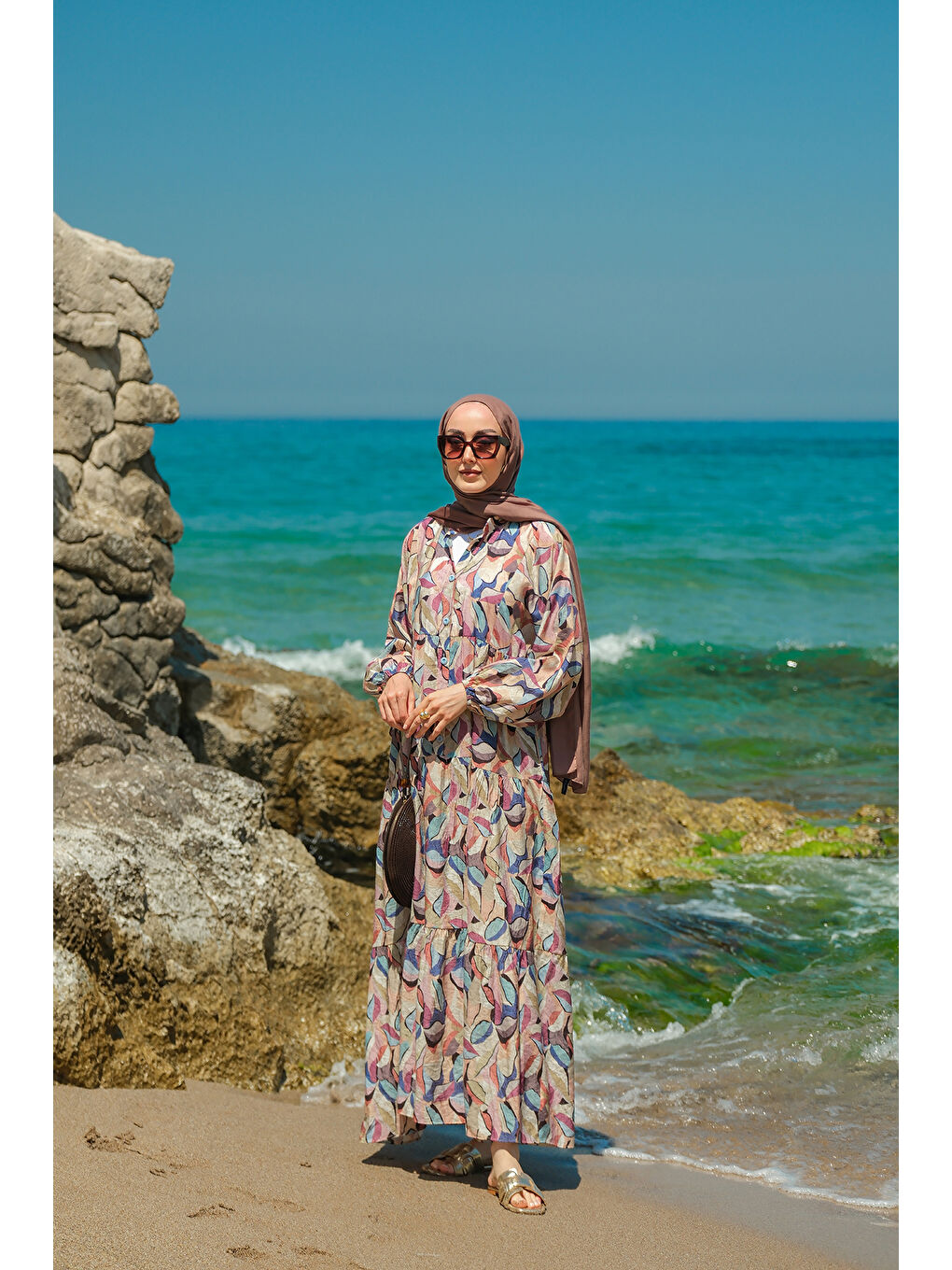 Kadın Soft Botanika Desen Elbise Mavi-3