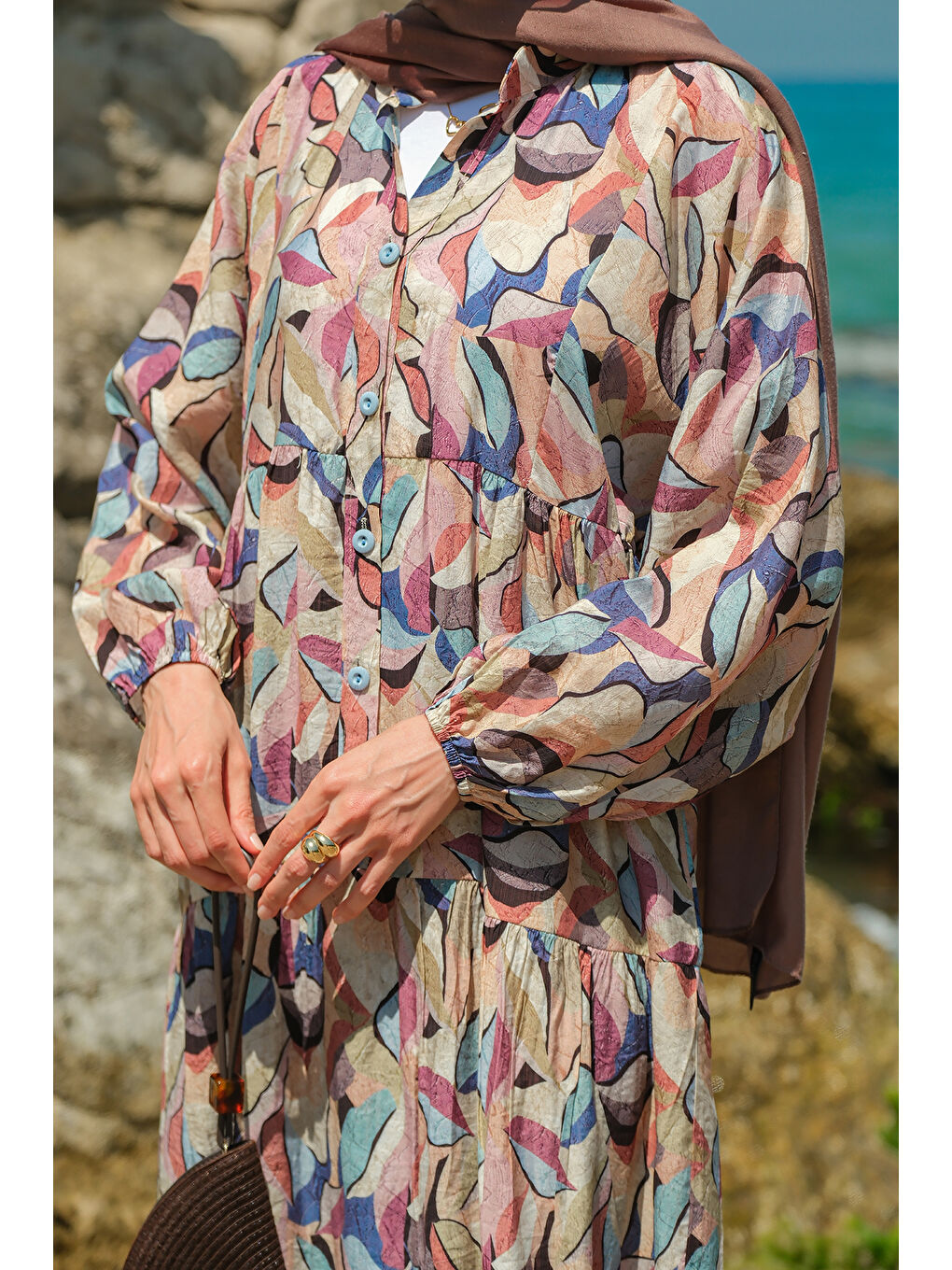 Kadın Soft Botanika Desen Elbise Mavi-4