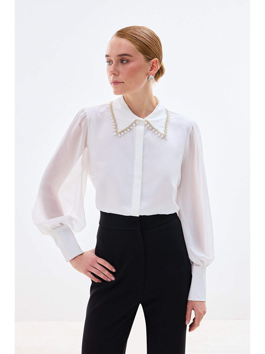 Aksesuar Yakalı Gömlek - Ekru-1