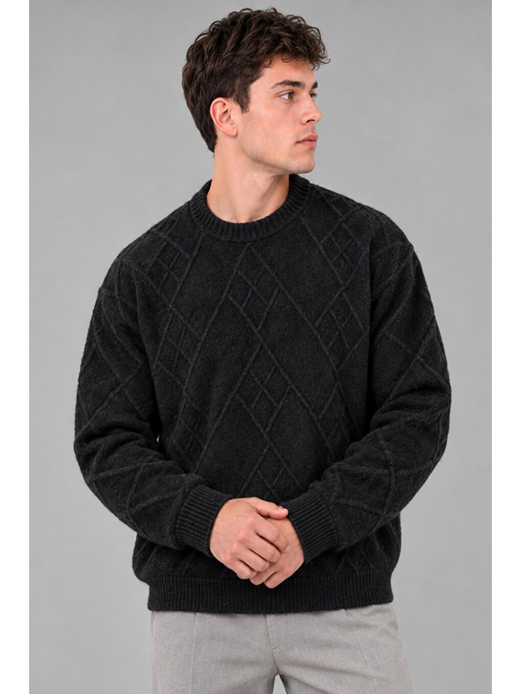 Siyah Çapraz Desen Oversize Kışlık Kazak Dp 17567_10066-4
