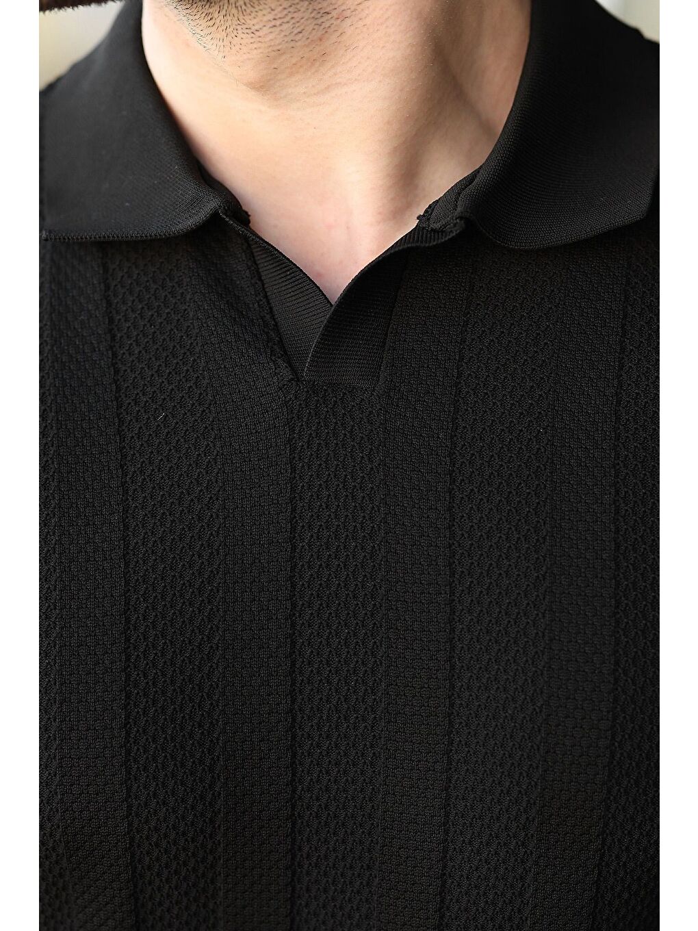 Siyah Slim Fit Polo Yaka Triko Erkek Tişört E7491-2