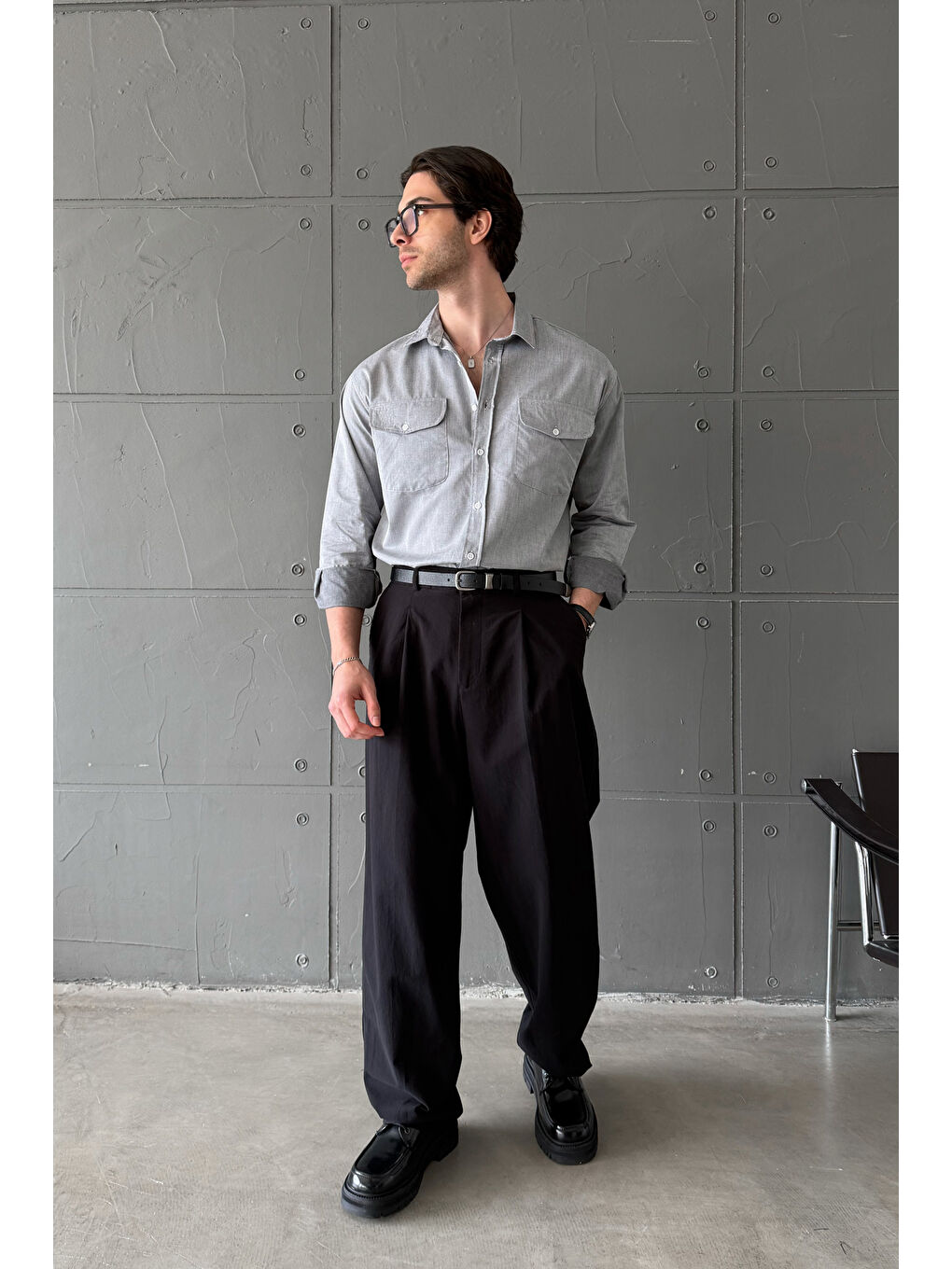 Gri Erkek Oversize Jean Görünümlü %100 Pamuk Gömlek-6