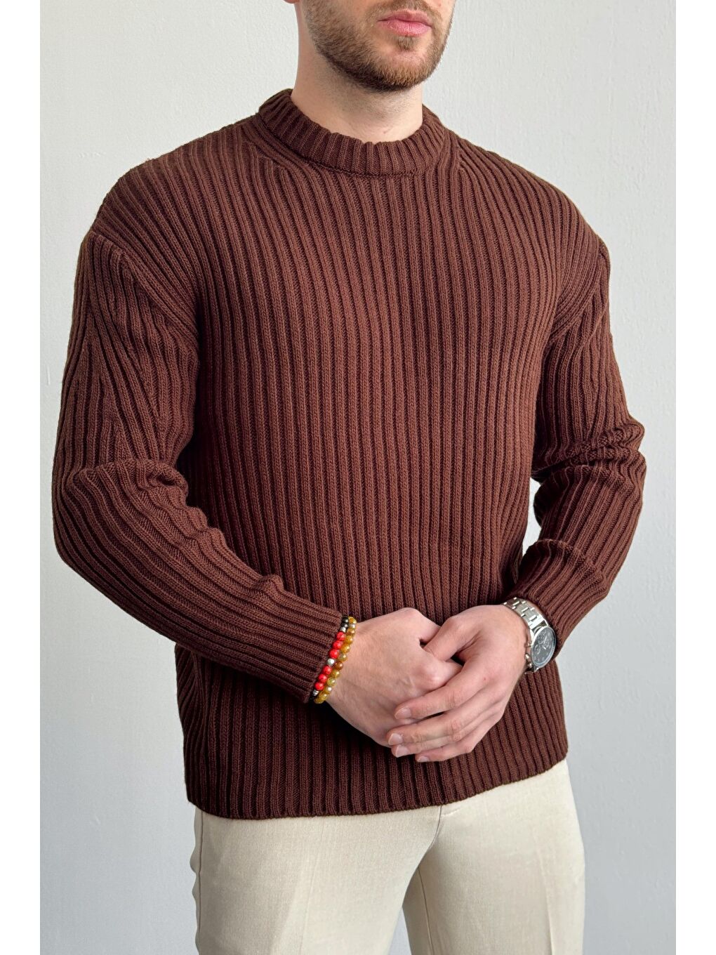 Kahverengi Erkek Fitilli Örme Regular Triko Kazak-3