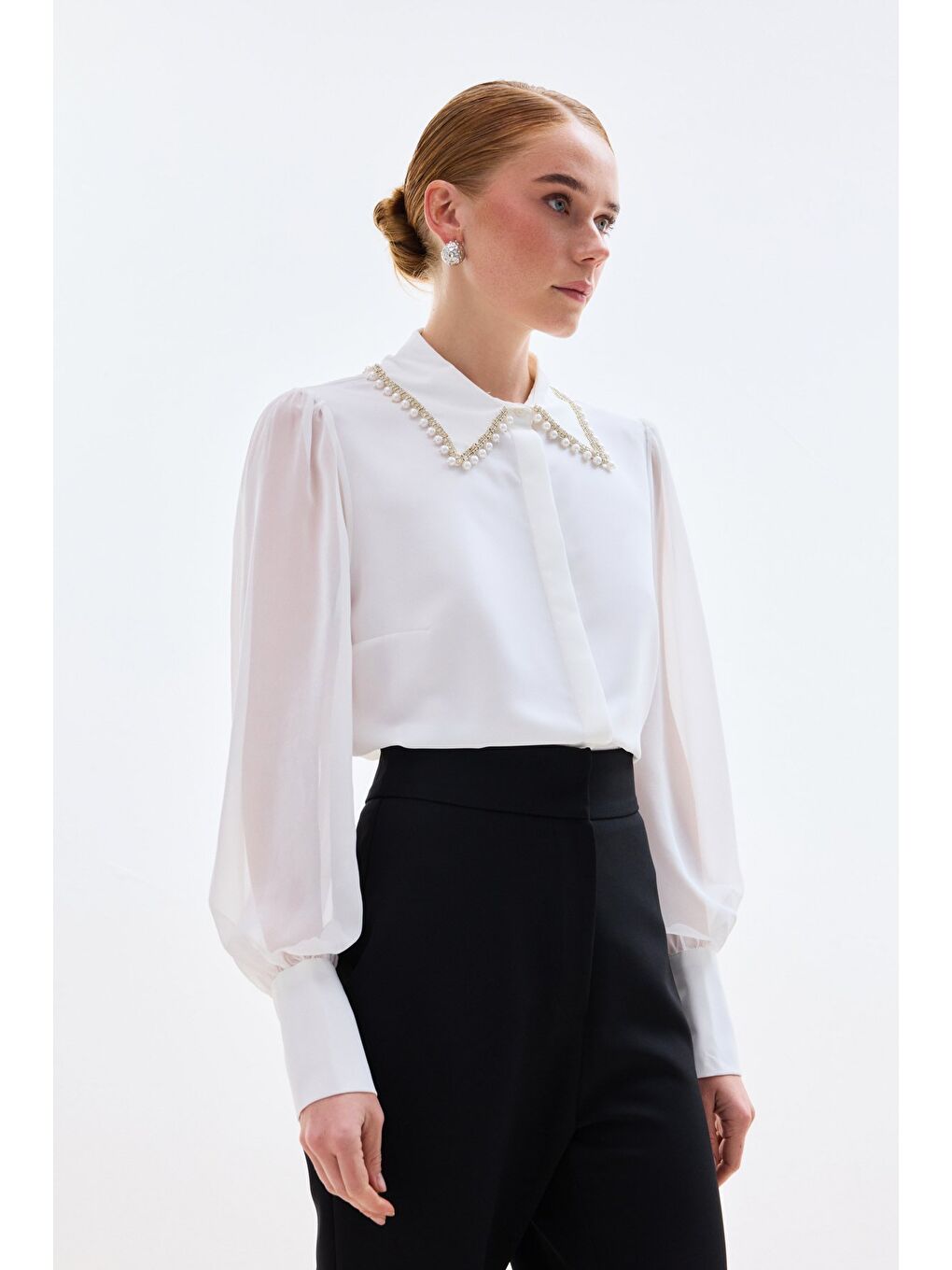 Aksesuar Yakalı Gömlek - Ekru-2