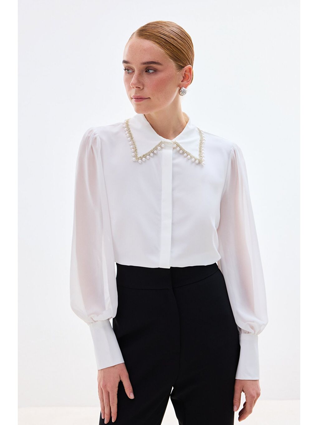 Aksesuar Yakalı Gömlek - Ekru-3